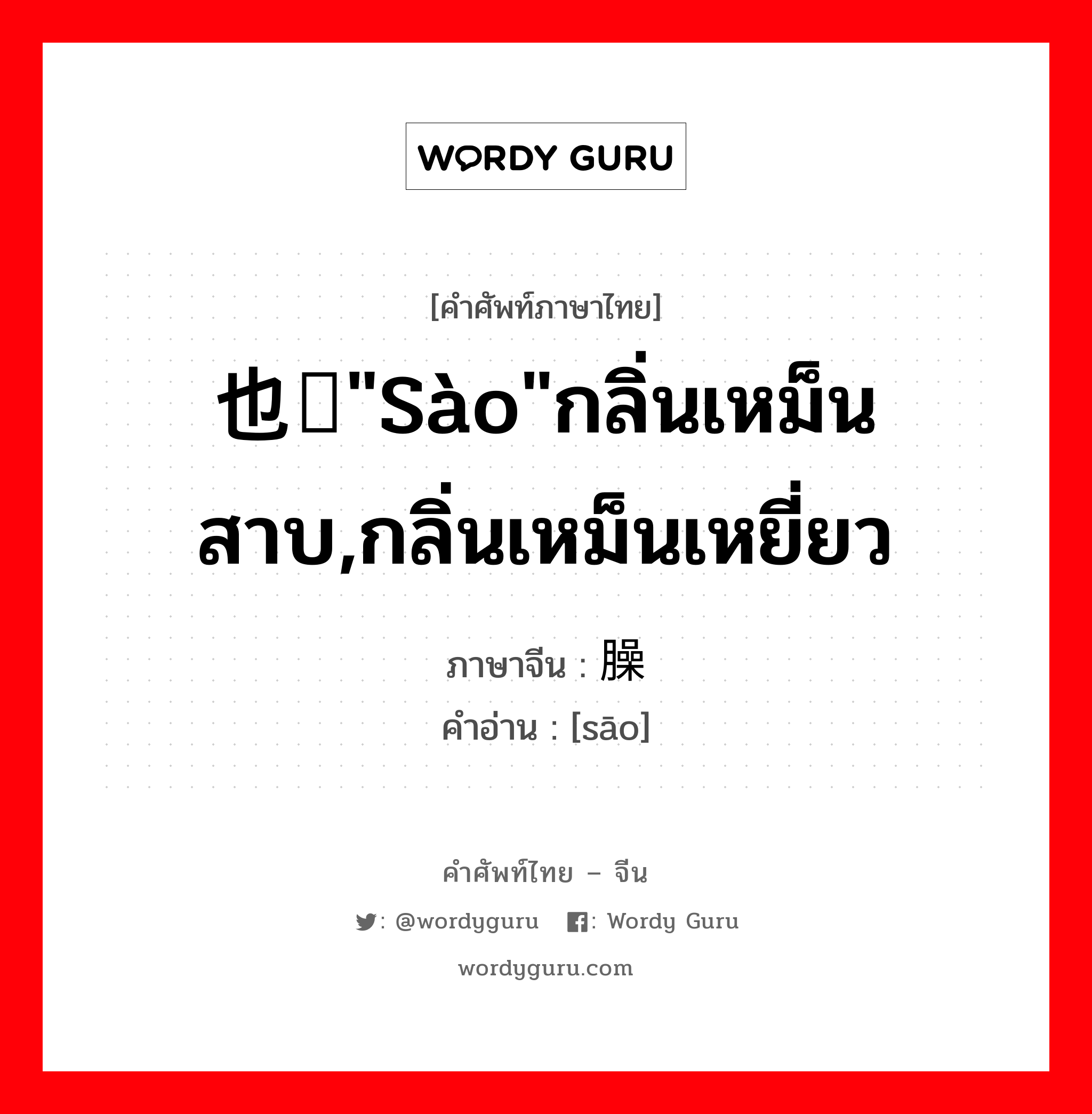 也读&#34;sào&#34;กลิ่นเหม็นสาบ,กลิ่นเหม็นเหยี่ยว ภาษาจีนคืออะไร, คำศัพท์ภาษาไทย - จีน 也读&#34;sào&#34;กลิ่นเหม็นสาบ,กลิ่นเหม็นเหยี่ยว ภาษาจีน 臊 คำอ่าน [sāo]