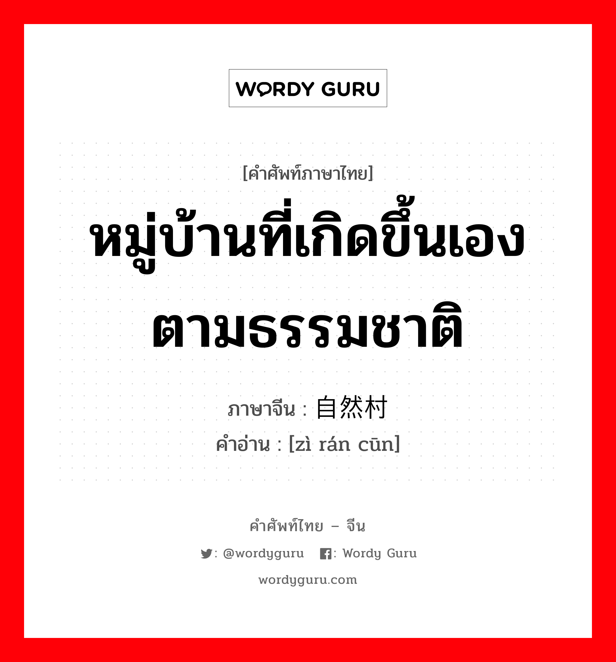 หมู่บ้านที่เกิดขึ้นเองตามธรรมชาติ ภาษาจีนคืออะไร, คำศัพท์ภาษาไทย - จีน หมู่บ้านที่เกิดขึ้นเองตามธรรมชาติ ภาษาจีน 自然村 คำอ่าน [zì rán cūn]