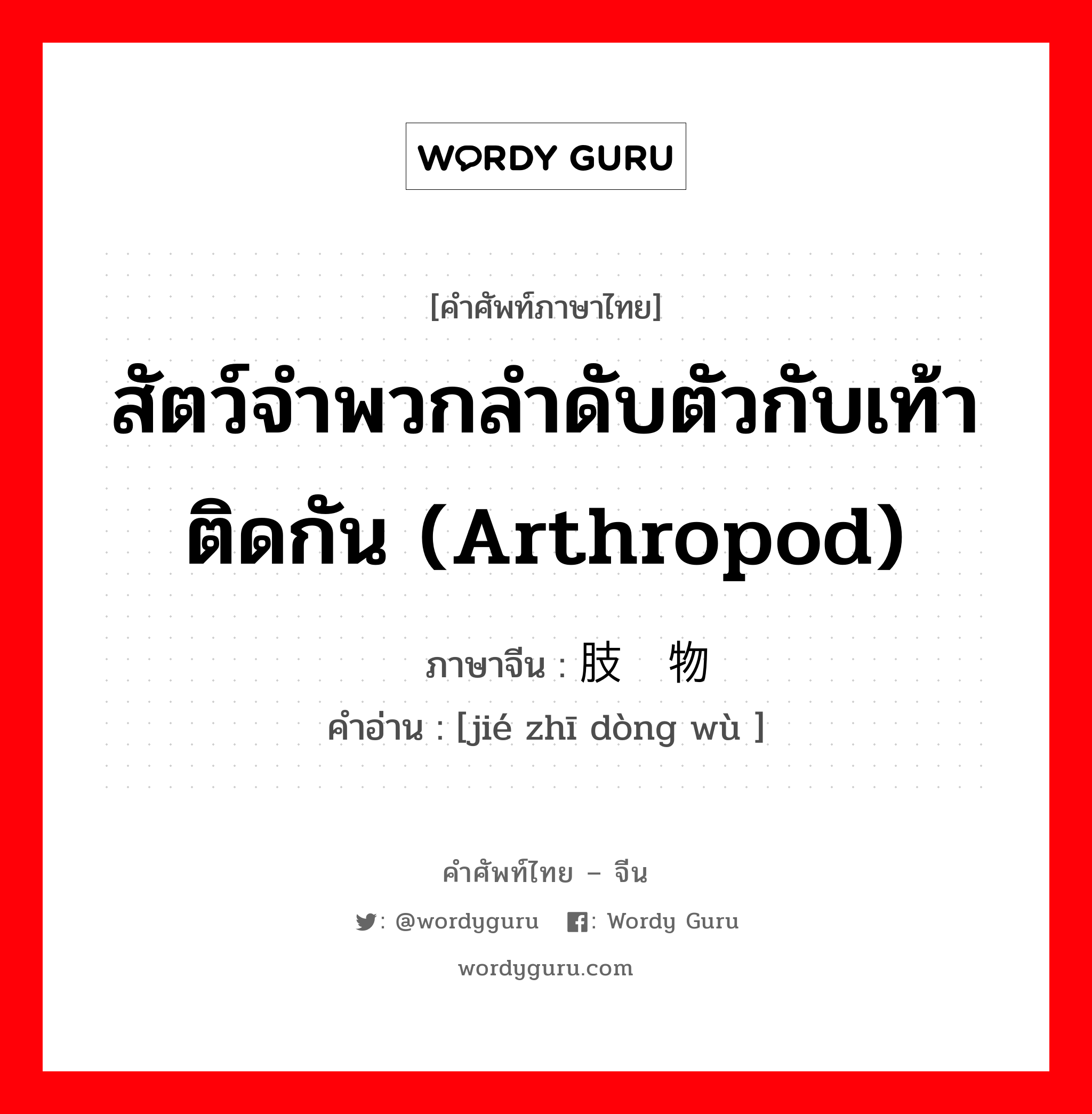 สัตว์จำพวกลำดับตัวกับเท้าติดกัน (arthropod) ภาษาจีนคืออะไร, คำศัพท์ภาษาไทย - จีน สัตว์จำพวกลำดับตัวกับเท้าติดกัน (arthropod) ภาษาจีน 节肢动物 คำอ่าน [jié zhī dòng wù ]