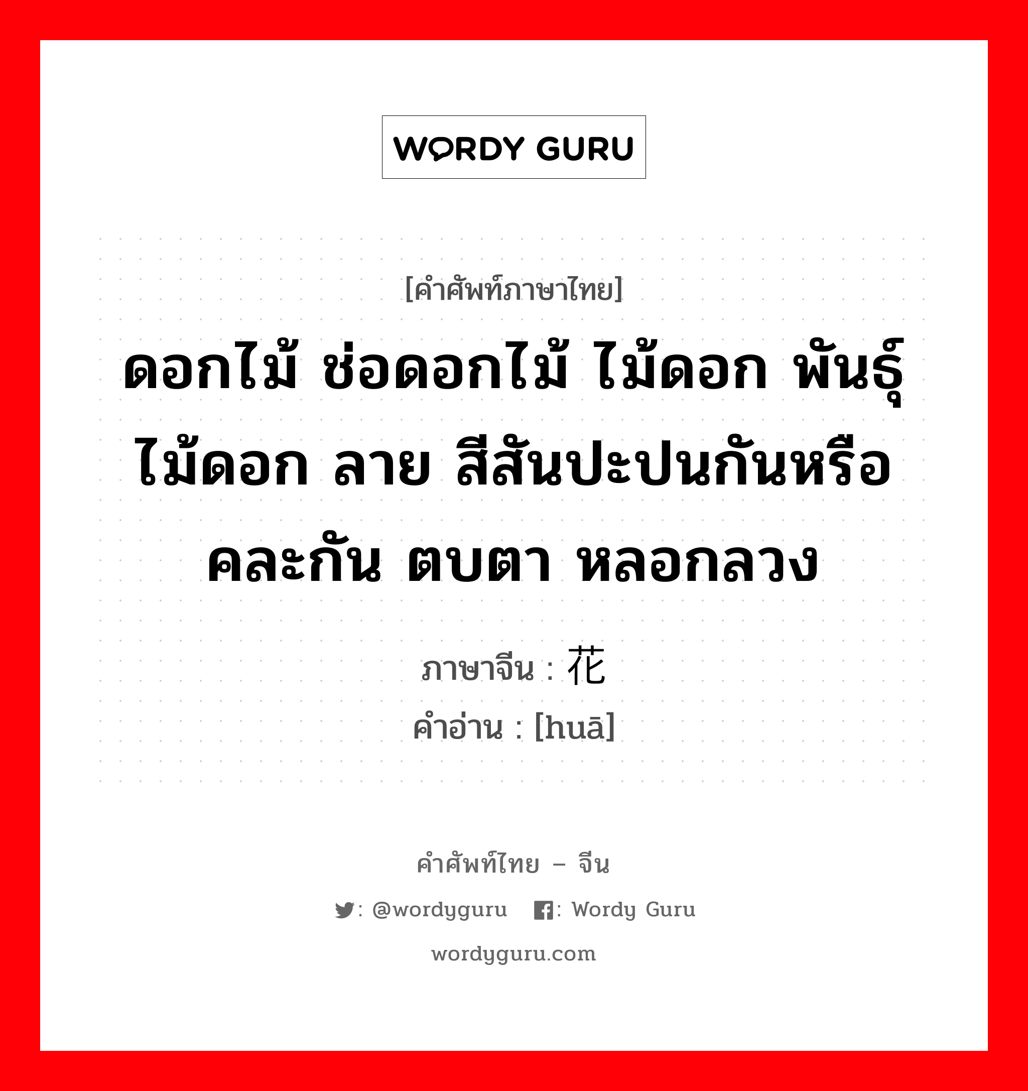 ดอกไม้ ช่อดอกไม้ ไม้ดอก พันธุ์ไม้ดอก ลาย สีสันปะปนกันหรือคละกัน ตบตา หลอกลวง ภาษาจีนคืออะไร, คำศัพท์ภาษาไทย - จีน ดอกไม้ ช่อดอกไม้ ไม้ดอก พันธุ์ไม้ดอก ลาย สีสันปะปนกันหรือคละกัน ตบตา หลอกลวง ภาษาจีน 花 คำอ่าน [huā]