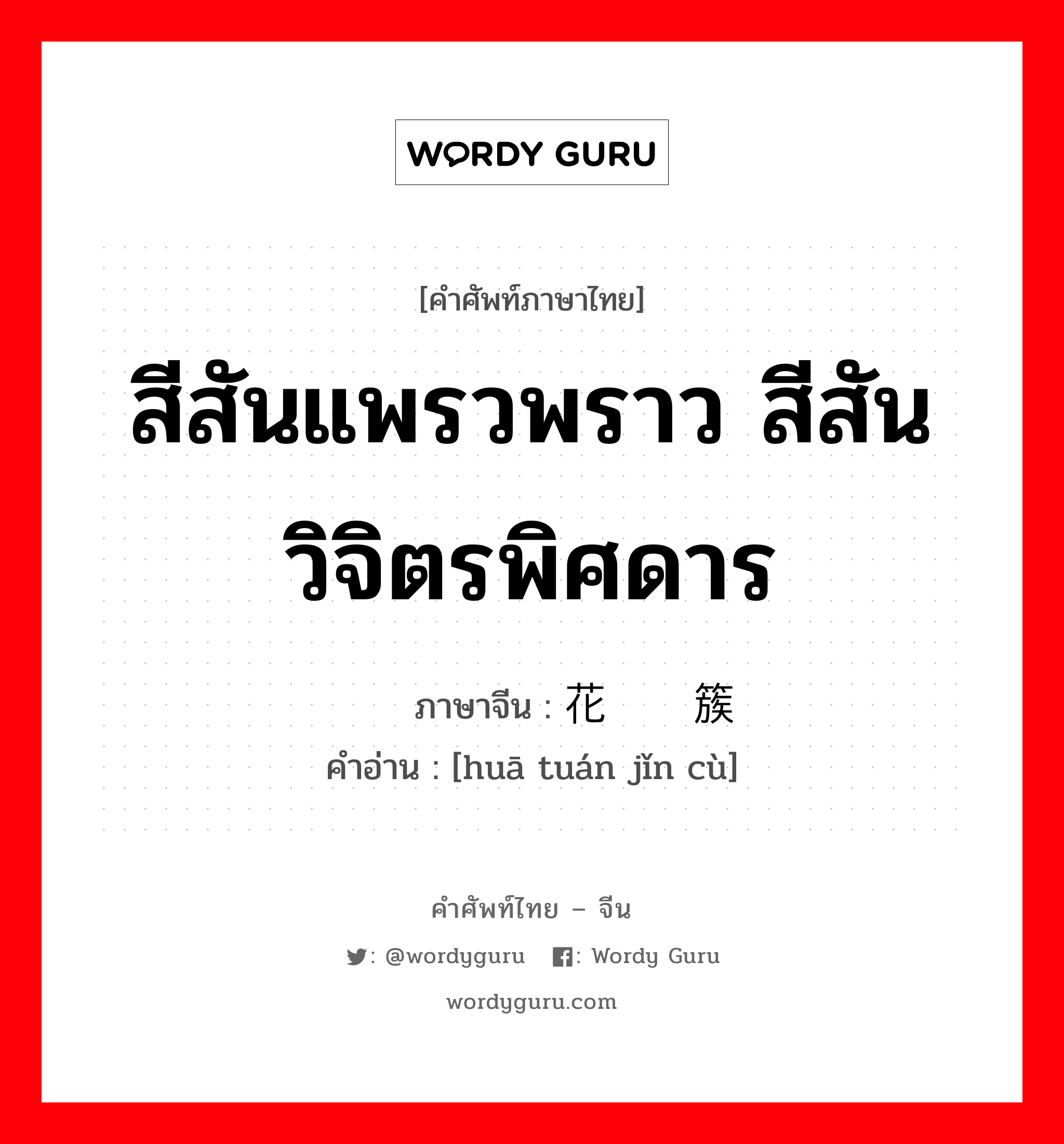 สีสันแพรวพราว สีสันวิจิตรพิศดาร ภาษาจีนคืออะไร, คำศัพท์ภาษาไทย - จีน สีสันแพรวพราว สีสันวิจิตรพิศดาร ภาษาจีน 花团锦簇 คำอ่าน [huā tuán jǐn cù]