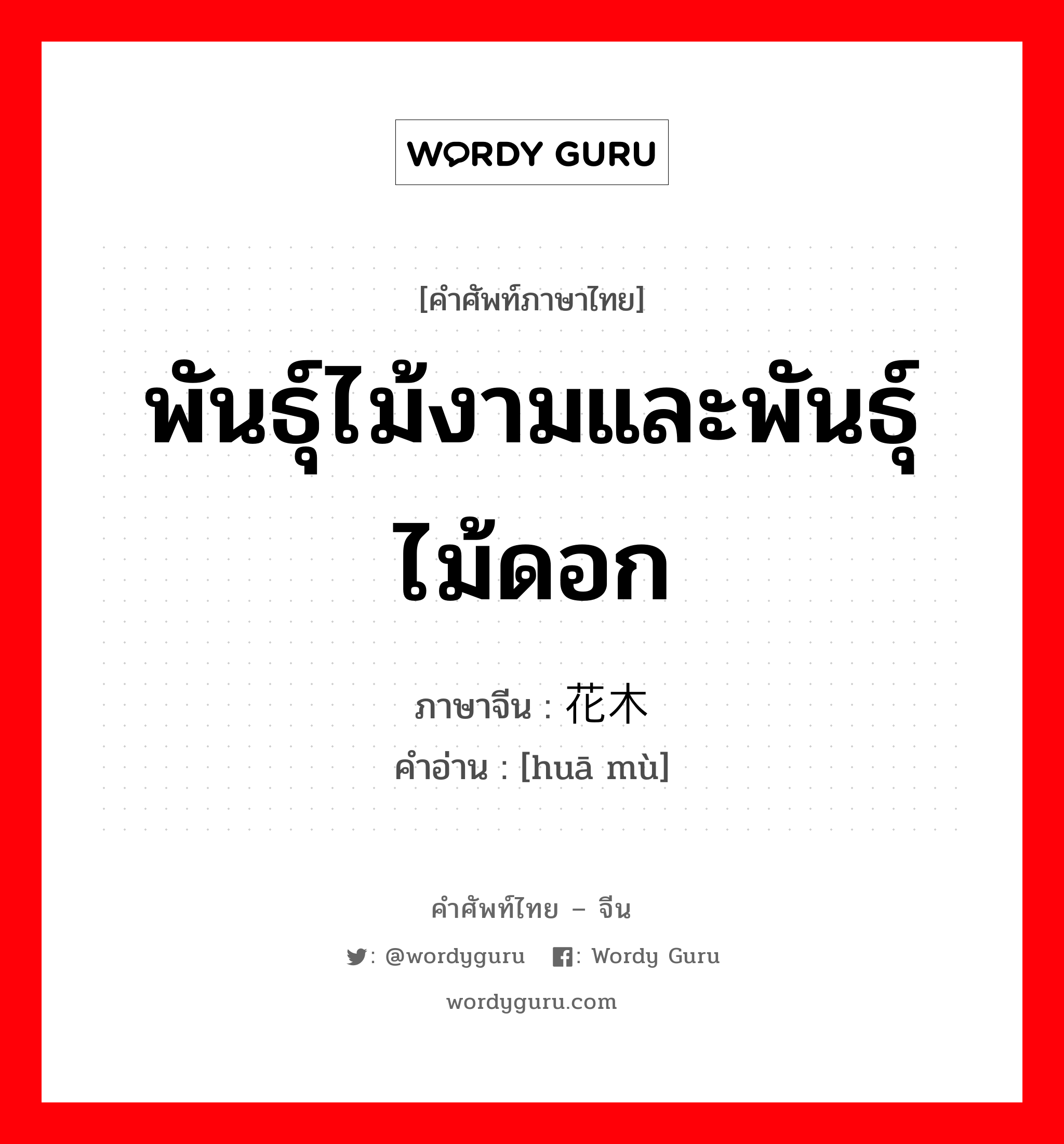 พันธุ์ไม้งามและพันธุ์ไม้ดอก ภาษาจีนคืออะไร, คำศัพท์ภาษาไทย - จีน พันธุ์ไม้งามและพันธุ์ไม้ดอก ภาษาจีน 花木 คำอ่าน [huā mù]