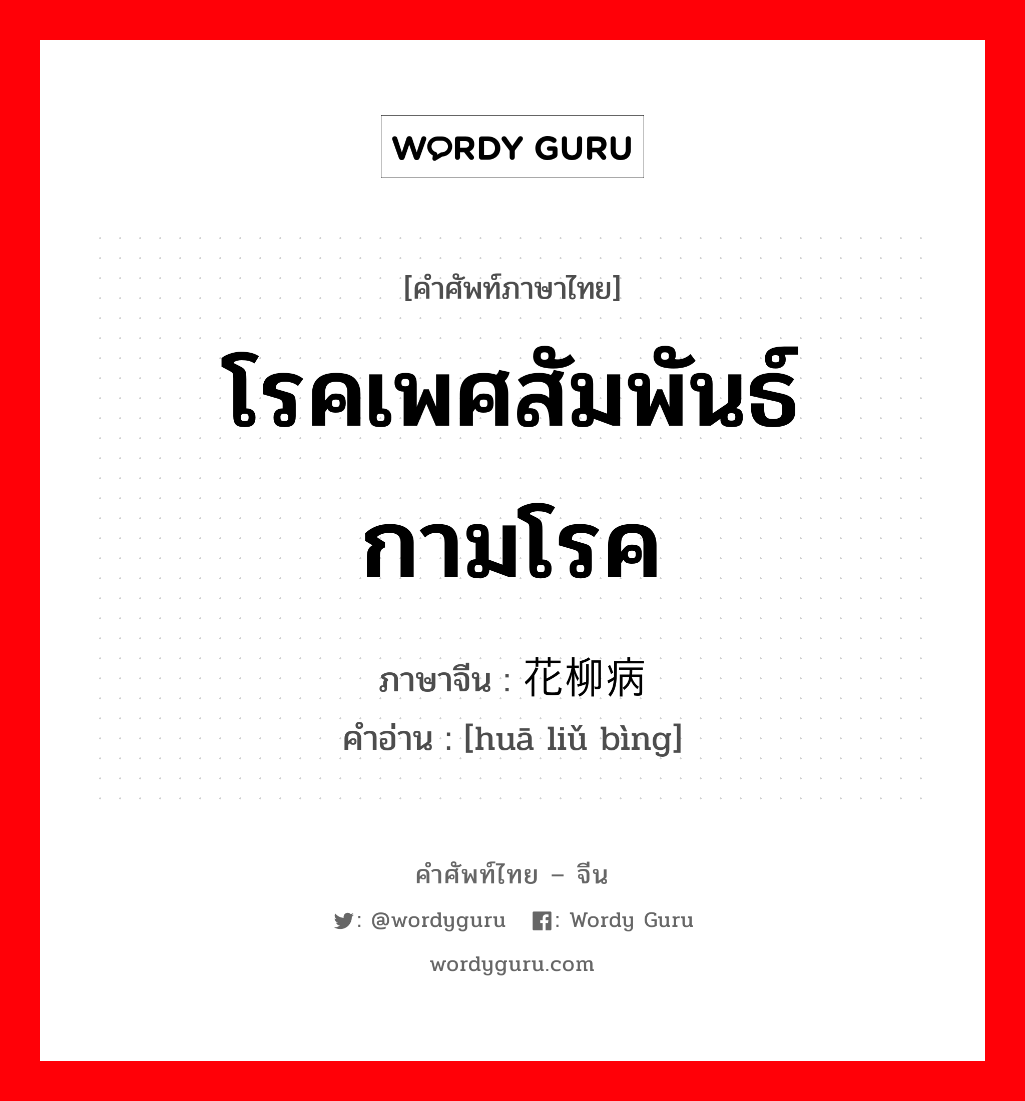 โรคเพศสัมพันธ์ กามโรค ภาษาจีนคืออะไร, คำศัพท์ภาษาไทย - จีน โรคเพศสัมพันธ์ กามโรค ภาษาจีน 花柳病 คำอ่าน [huā liǔ bìng]