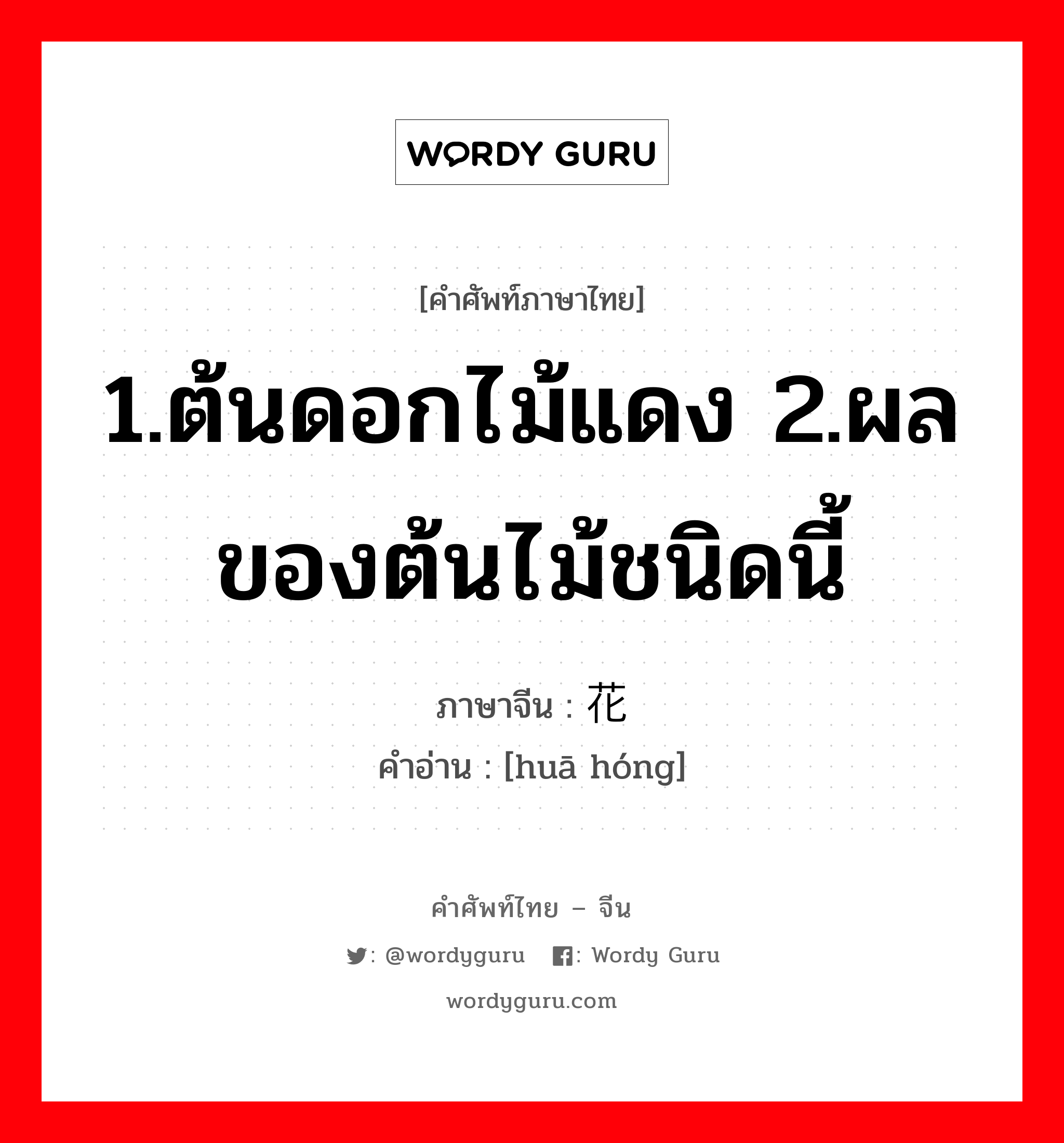 1.ต้นดอกไม้แดง 2.ผลของต้นไม้ชนิดนี้ ภาษาจีนคืออะไร, คำศัพท์ภาษาไทย - จีน 1.ต้นดอกไม้แดง 2.ผลของต้นไม้ชนิดนี้ ภาษาจีน 花红 คำอ่าน [huā hóng]