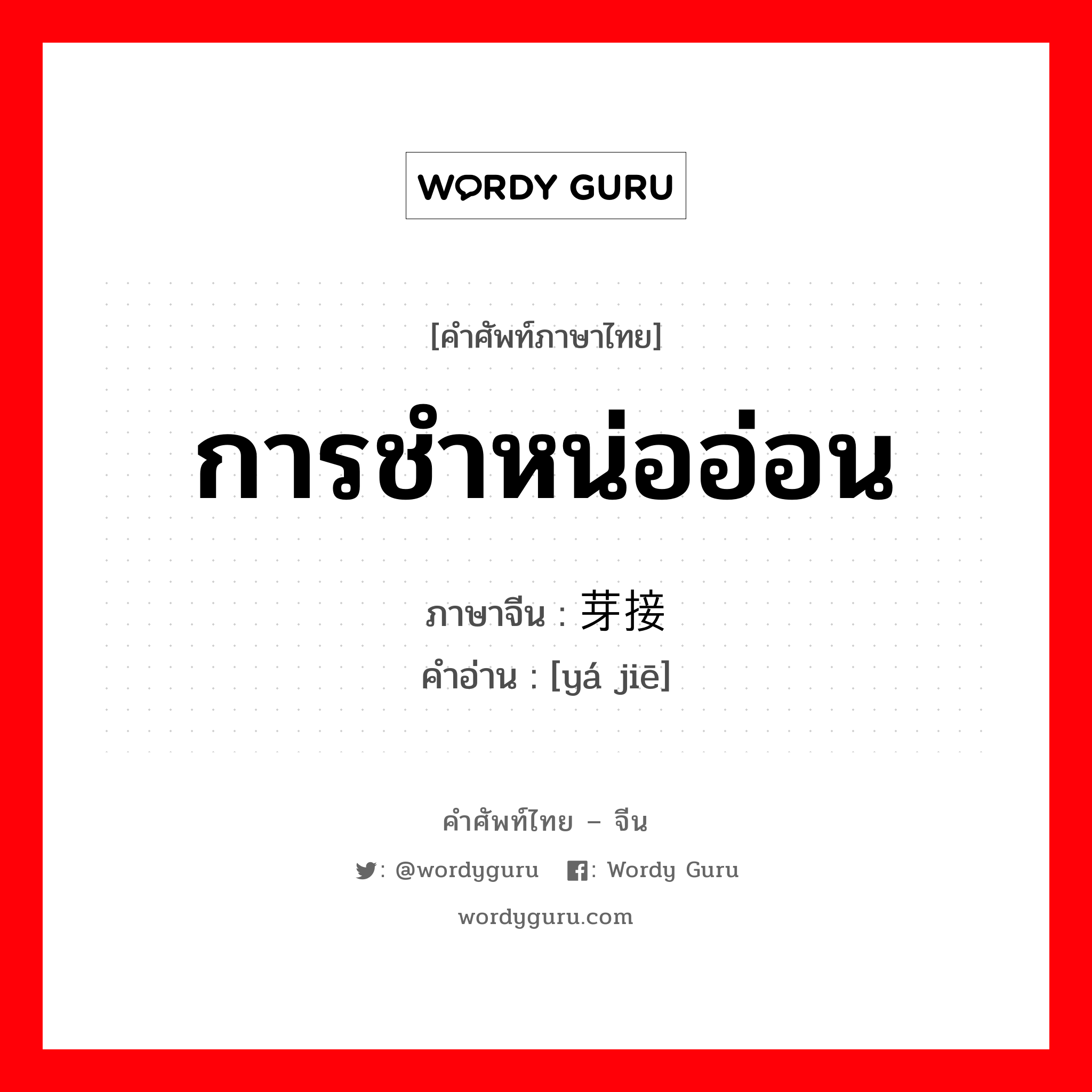 การชำหน่ออ่อน ภาษาจีนคืออะไร, คำศัพท์ภาษาไทย - จีน การชำหน่ออ่อน ภาษาจีน 芽接 คำอ่าน [yá jiē]