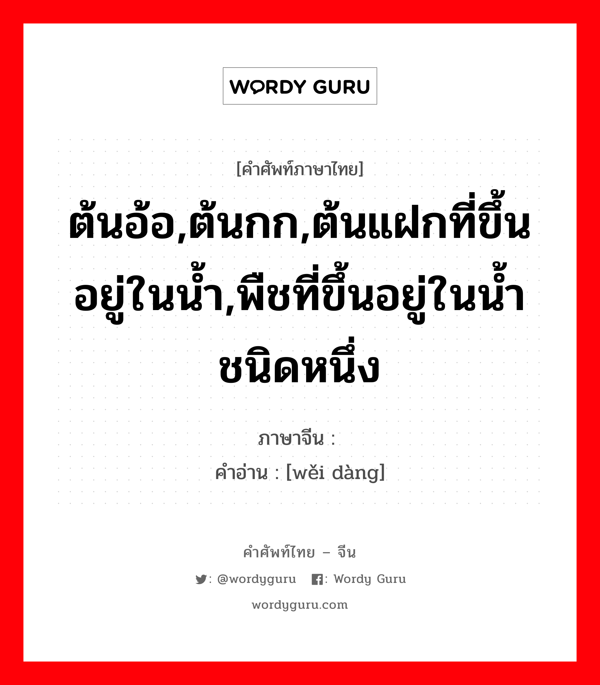 ต้นอ้อ,ต้นกก,ต้นแฝกที่ขึ้นอยู่ในน้ำ,พืชที่ขึ้นอยู่ในน้ำชนิดหนึ่ง ภาษาจีนคืออะไร, คำศัพท์ภาษาไทย - จีน ต้นอ้อ,ต้นกก,ต้นแฝกที่ขึ้นอยู่ในน้ำ,พืชที่ขึ้นอยู่ในน้ำชนิดหนึ่ง ภาษาจีน 苇荡 คำอ่าน [wěi dàng]