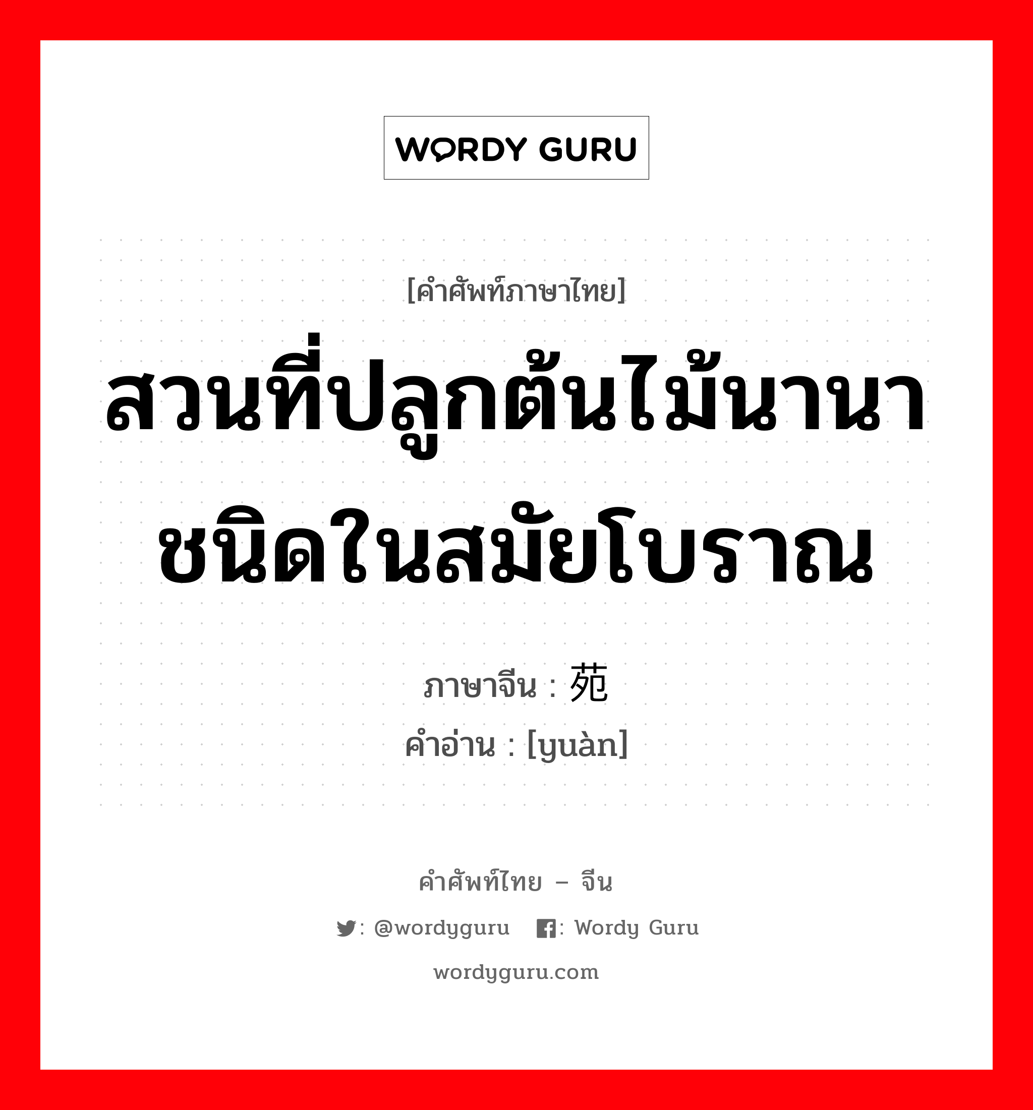 สวนที่ปลูกต้นไม้นานาชนิดในสมัยโบราณ ภาษาจีนคืออะไร, คำศัพท์ภาษาไทย - จีน สวนที่ปลูกต้นไม้นานาชนิดในสมัยโบราณ ภาษาจีน 苑 คำอ่าน [yuàn]