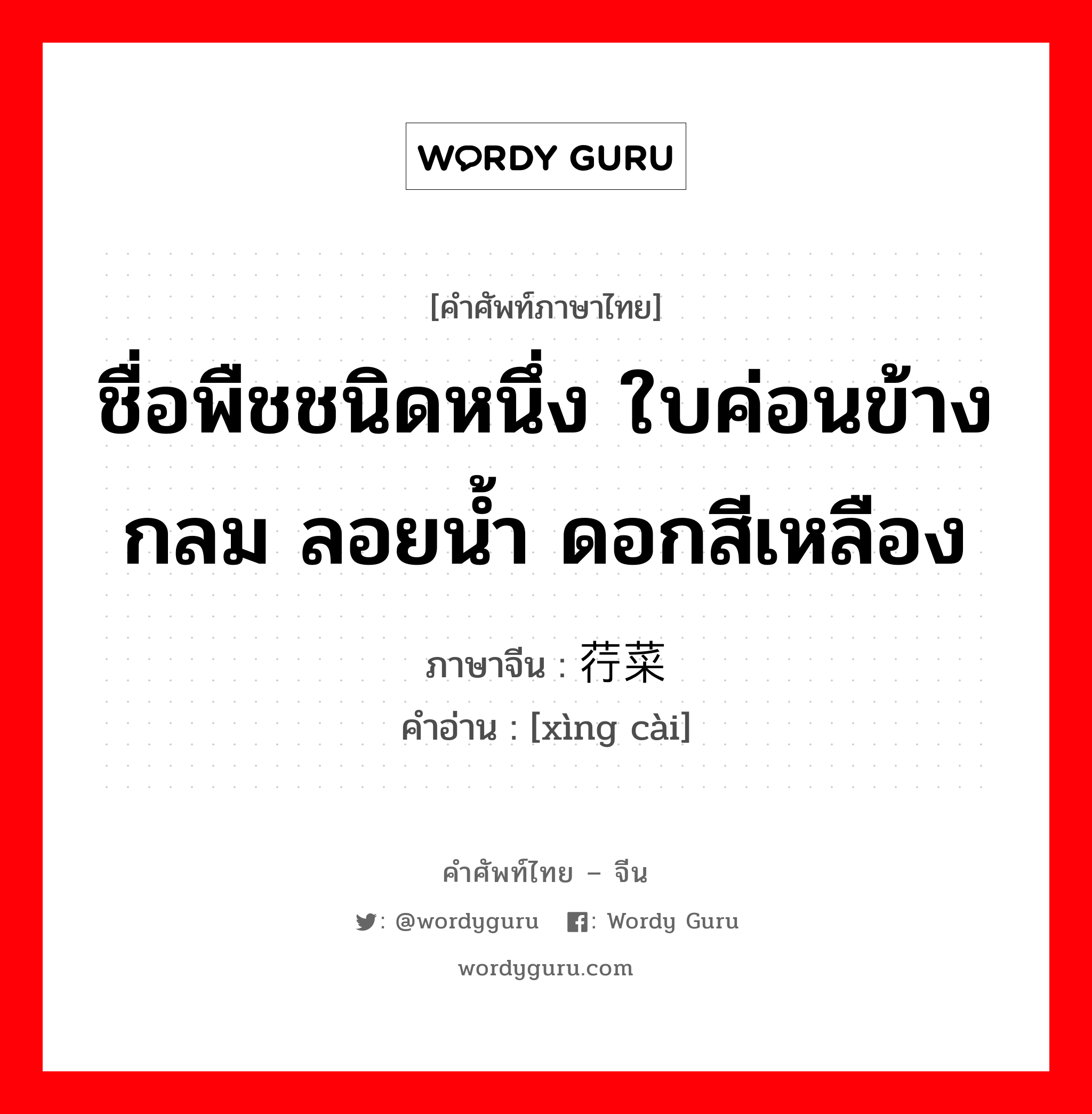 ชื่อพืชชนิดหนึ่ง ใบค่อนข้างกลม ลอยน้ำ ดอกสีเหลือง ภาษาจีนคืออะไร, คำศัพท์ภาษาไทย - จีน ชื่อพืชชนิดหนึ่ง ใบค่อนข้างกลม ลอยน้ำ ดอกสีเหลือง ภาษาจีน 荇菜 คำอ่าน [xìng cài]