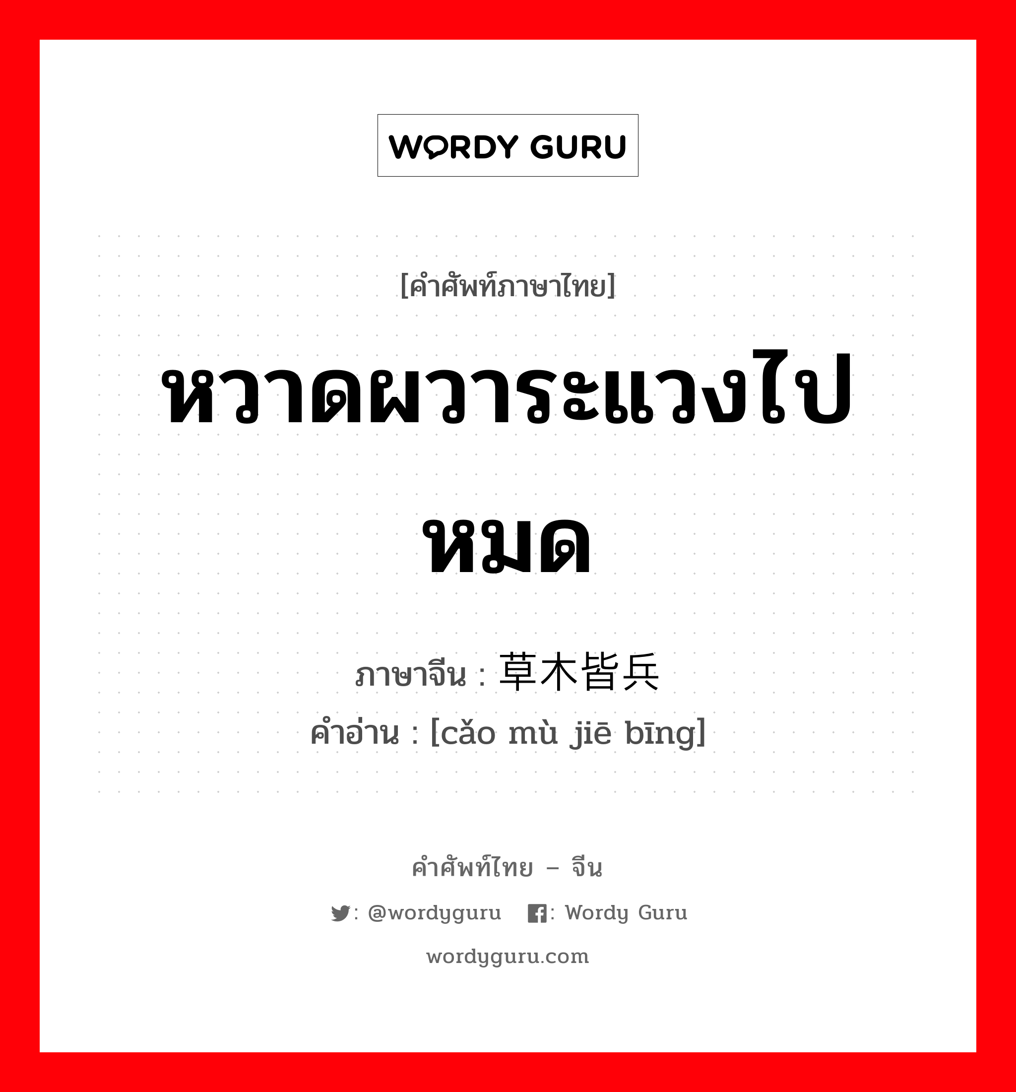 หวาดผวาระแวงไปหมด ภาษาจีนคืออะไร, คำศัพท์ภาษาไทย - จีน หวาดผวาระแวงไปหมด ภาษาจีน 草木皆兵 คำอ่าน [cǎo mù jiē bīng]