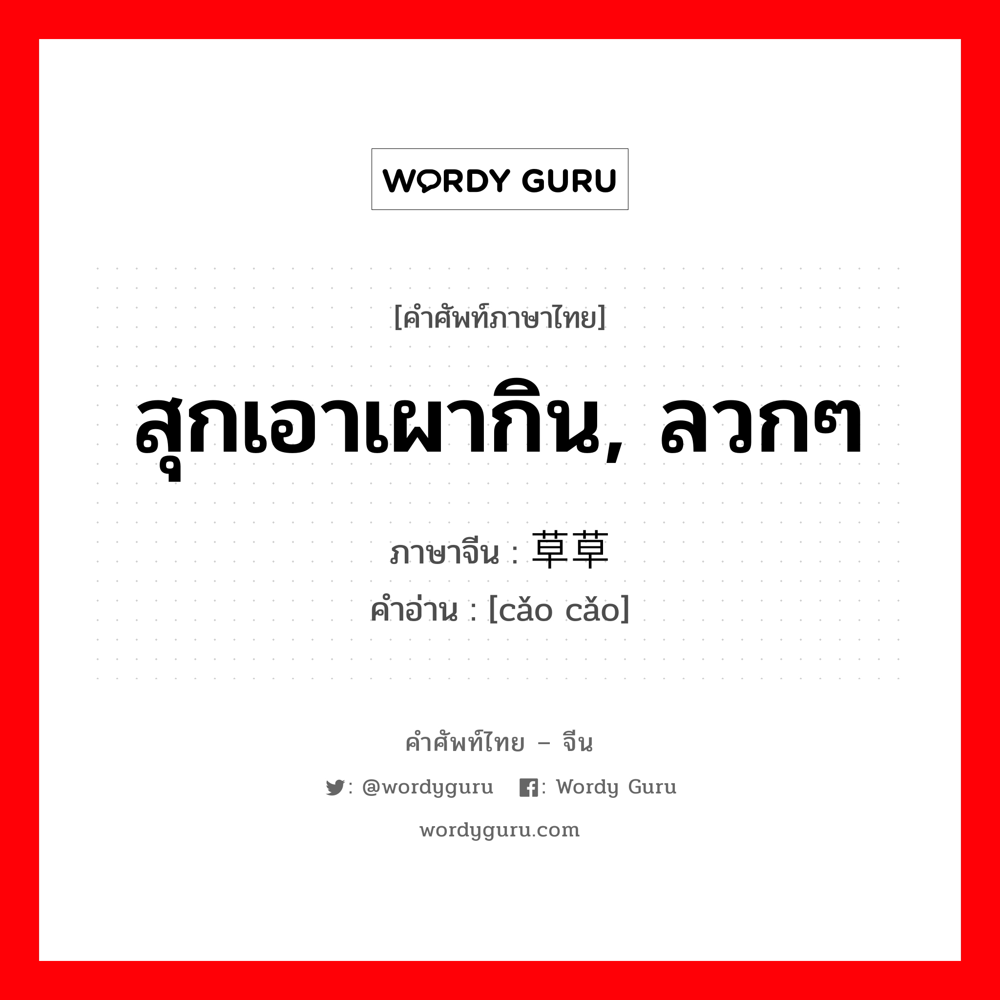 สุกเอาเผากิน, ลวกๆ ภาษาจีนคืออะไร, คำศัพท์ภาษาไทย - จีน สุกเอาเผากิน, ลวกๆ ภาษาจีน 草草 คำอ่าน [cǎo cǎo]