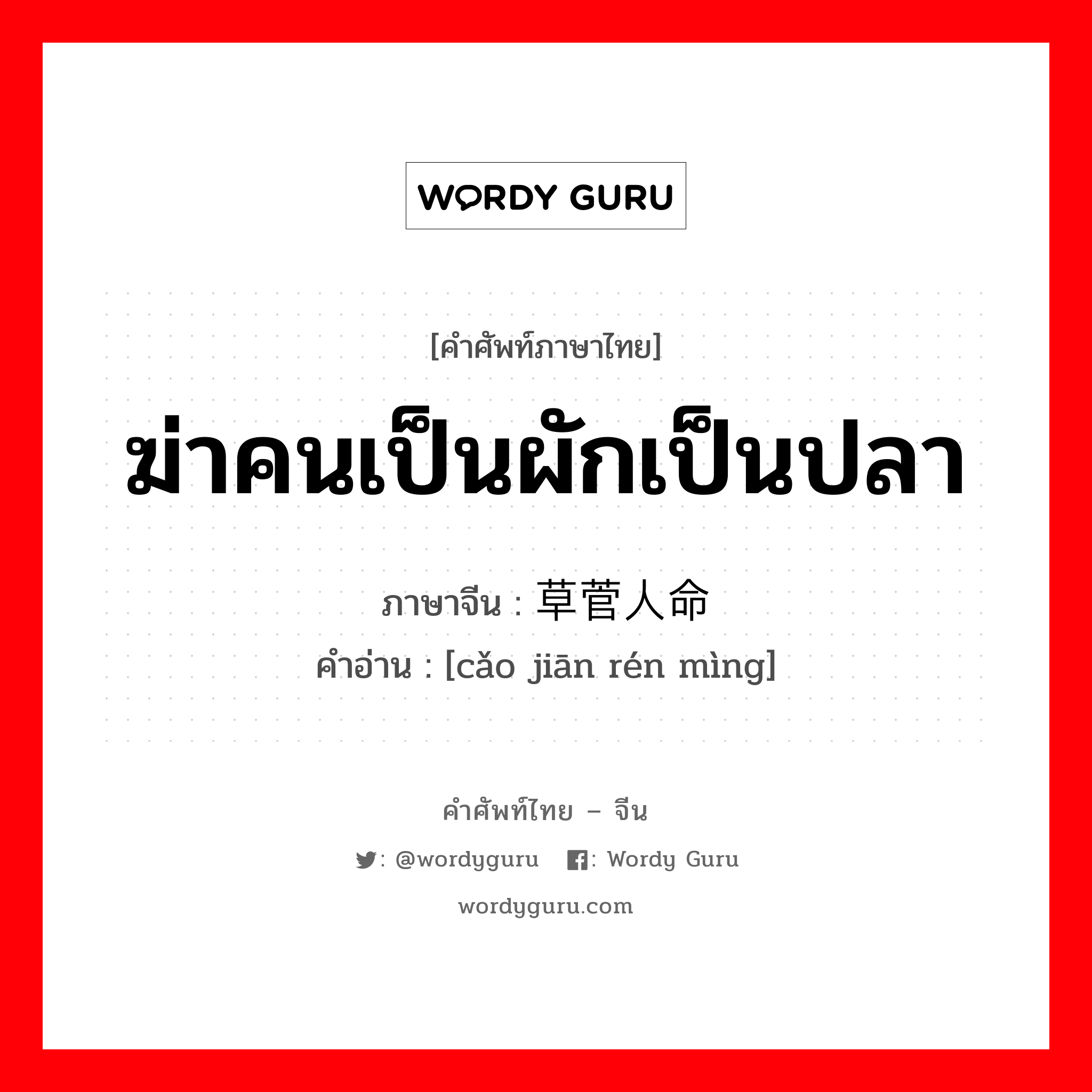 ฆ่าคนเป็นผักเป็นปลา ภาษาจีนคืออะไร, คำศัพท์ภาษาไทย - จีน ฆ่าคนเป็นผักเป็นปลา ภาษาจีน 草菅人命 คำอ่าน [cǎo jiān rén mìng]