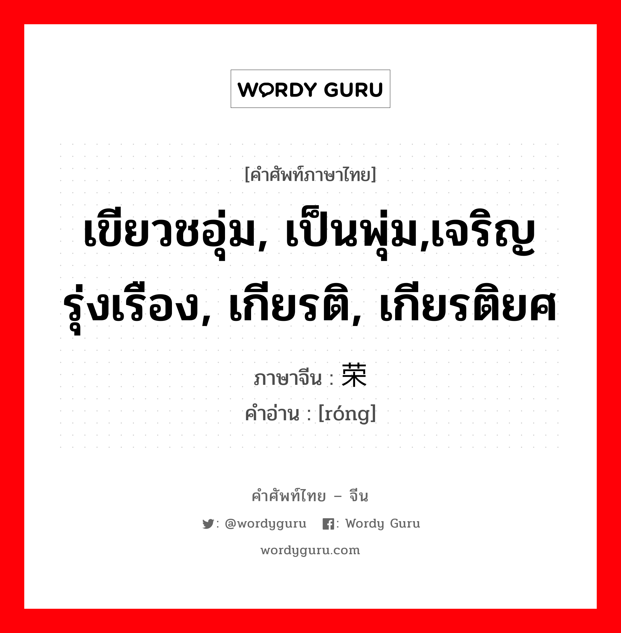 เขียวชอุ่ม, เป็นพุ่ม,เจริญรุ่งเรือง, เกียรติ, เกียรติยศ ภาษาจีนคืออะไร, คำศัพท์ภาษาไทย - จีน เขียวชอุ่ม, เป็นพุ่ม,เจริญรุ่งเรือง, เกียรติ, เกียรติยศ ภาษาจีน 荣 คำอ่าน [róng]