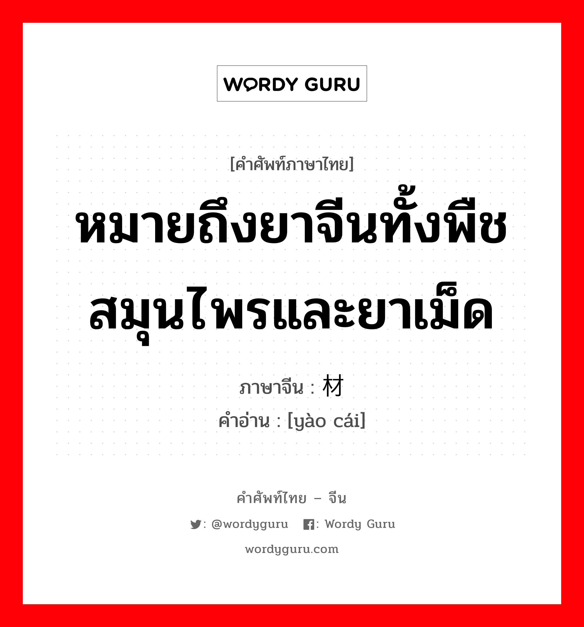 หมายถึงยาจีนทั้งพืชสมุนไพรและยาเม็ด ภาษาจีนคืออะไร, คำศัพท์ภาษาไทย - จีน หมายถึงยาจีนทั้งพืชสมุนไพรและยาเม็ด ภาษาจีน 药材 คำอ่าน [yào cái]