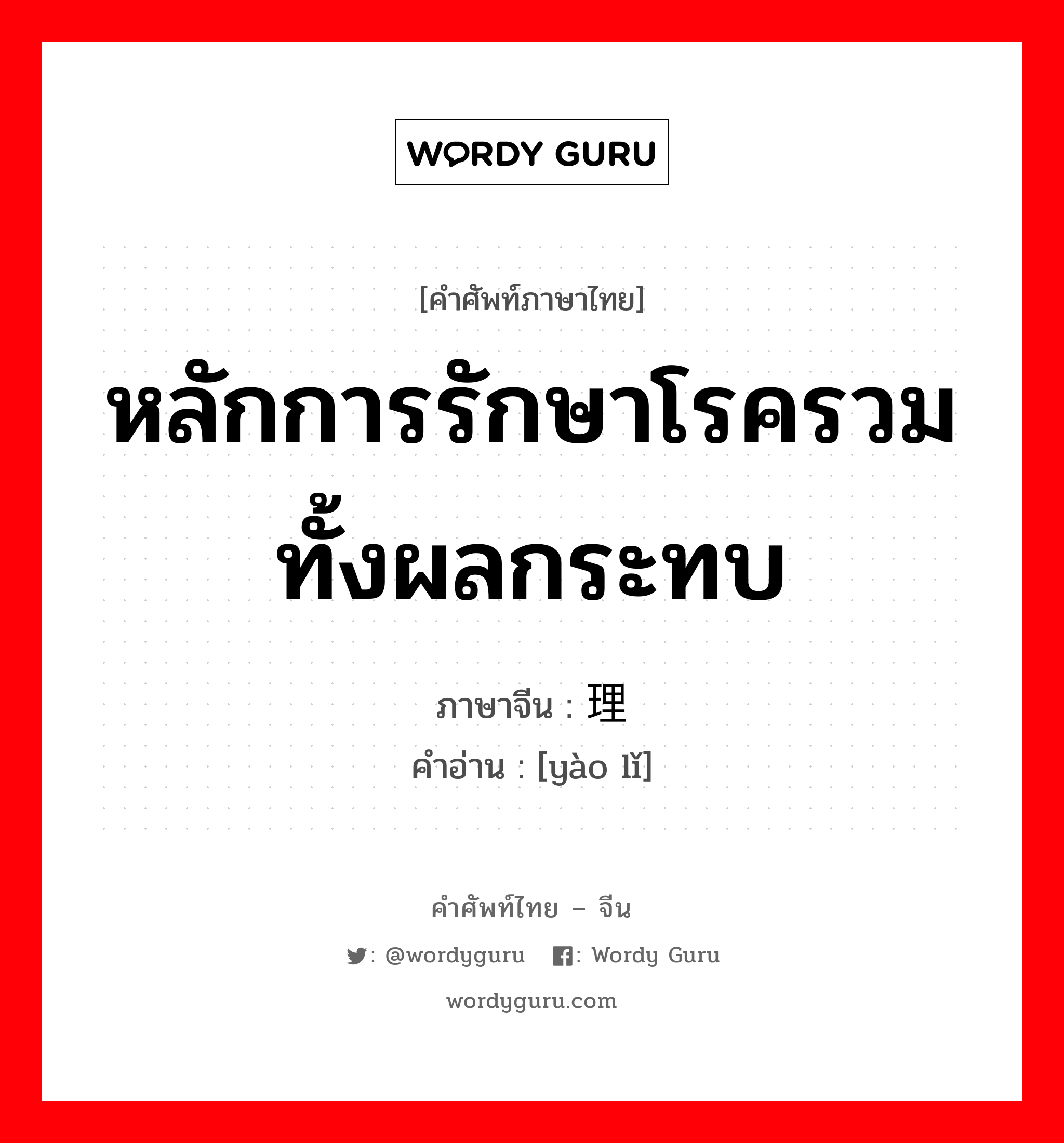 หลักการรักษาโรครวมทั้งผลกระทบ ภาษาจีนคืออะไร, คำศัพท์ภาษาไทย - จีน หลักการรักษาโรครวมทั้งผลกระทบ ภาษาจีน 药理 คำอ่าน [yào lǐ]