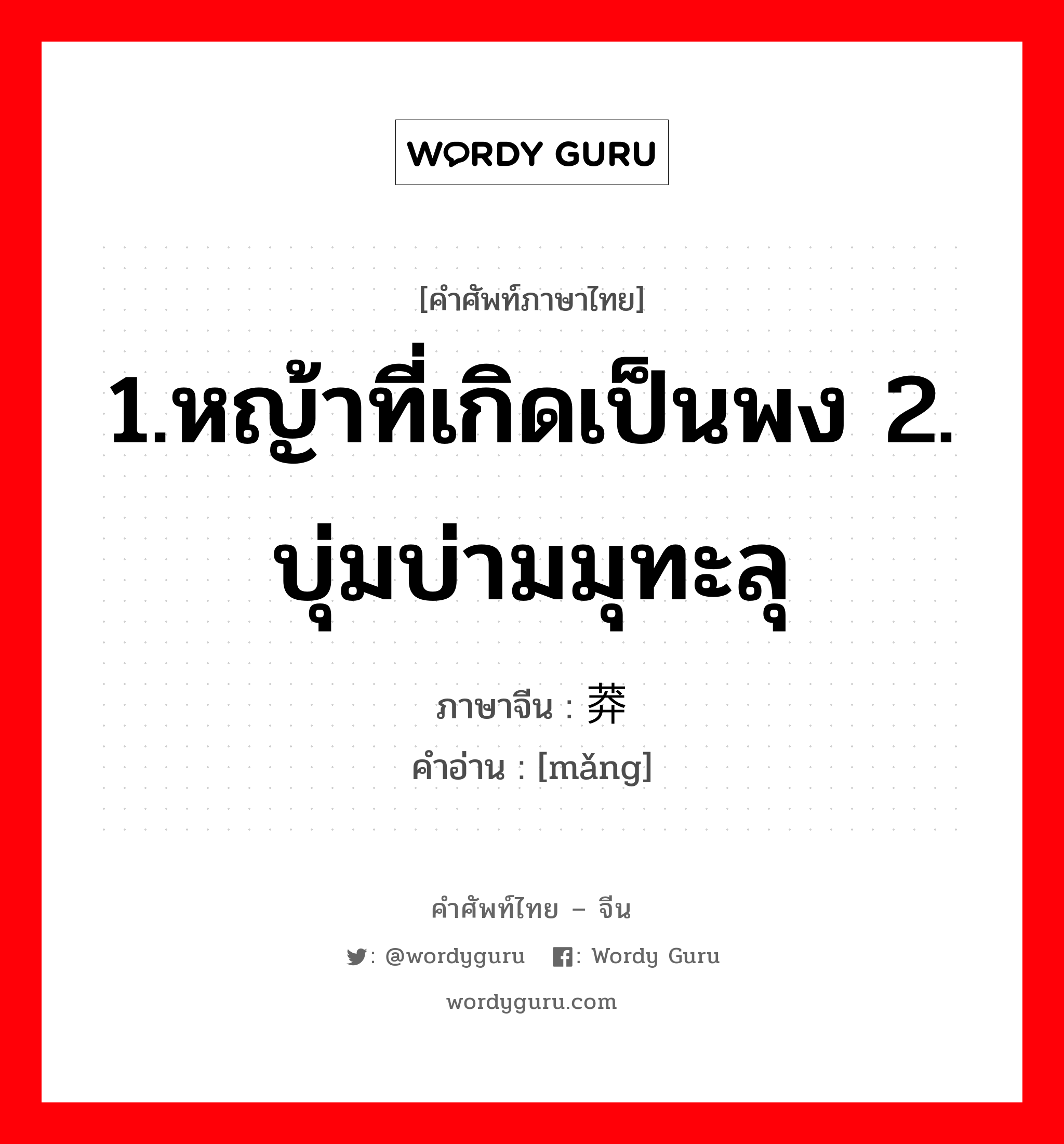 1.หญ้าที่เกิดเป็นพง 2. บุ่มบ่ามมุทะลุ ภาษาจีนคืออะไร, คำศัพท์ภาษาไทย - จีน 1.หญ้าที่เกิดเป็นพง 2. บุ่มบ่ามมุทะลุ ภาษาจีน 莽 คำอ่าน [mǎng]