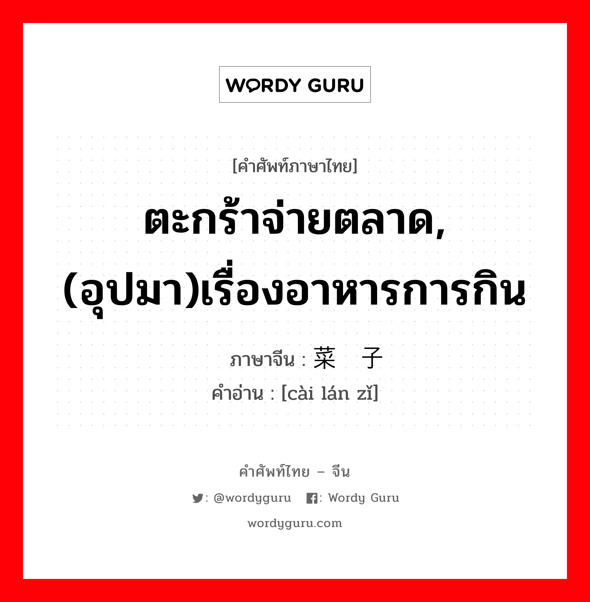 ตะกร้าจ่ายตลาด, (อุปมา)เรื่องอาหารการกิน ภาษาจีนคืออะไร, คำศัพท์ภาษาไทย - จีน ตะกร้าจ่ายตลาด, (อุปมา)เรื่องอาหารการกิน ภาษาจีน 菜篮子 คำอ่าน [cài lán zǐ]