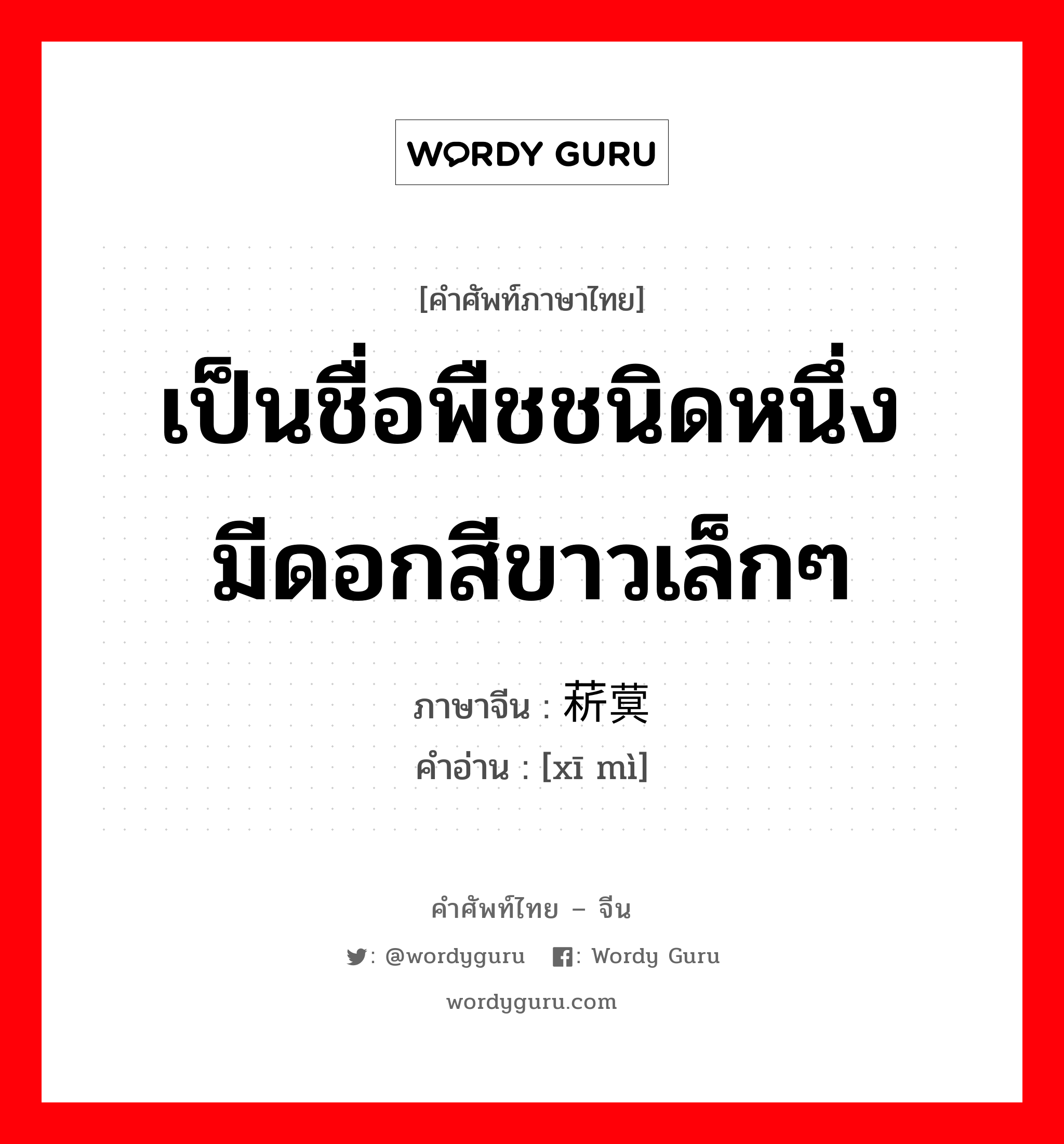 เป็นชื่อพืชชนิดหนึ่ง มีดอกสีขาวเล็กๆ ภาษาจีนคืออะไร, คำศัพท์ภาษาไทย - จีน เป็นชื่อพืชชนิดหนึ่ง มีดอกสีขาวเล็กๆ ภาษาจีน 菥蓂 คำอ่าน [xī mì]