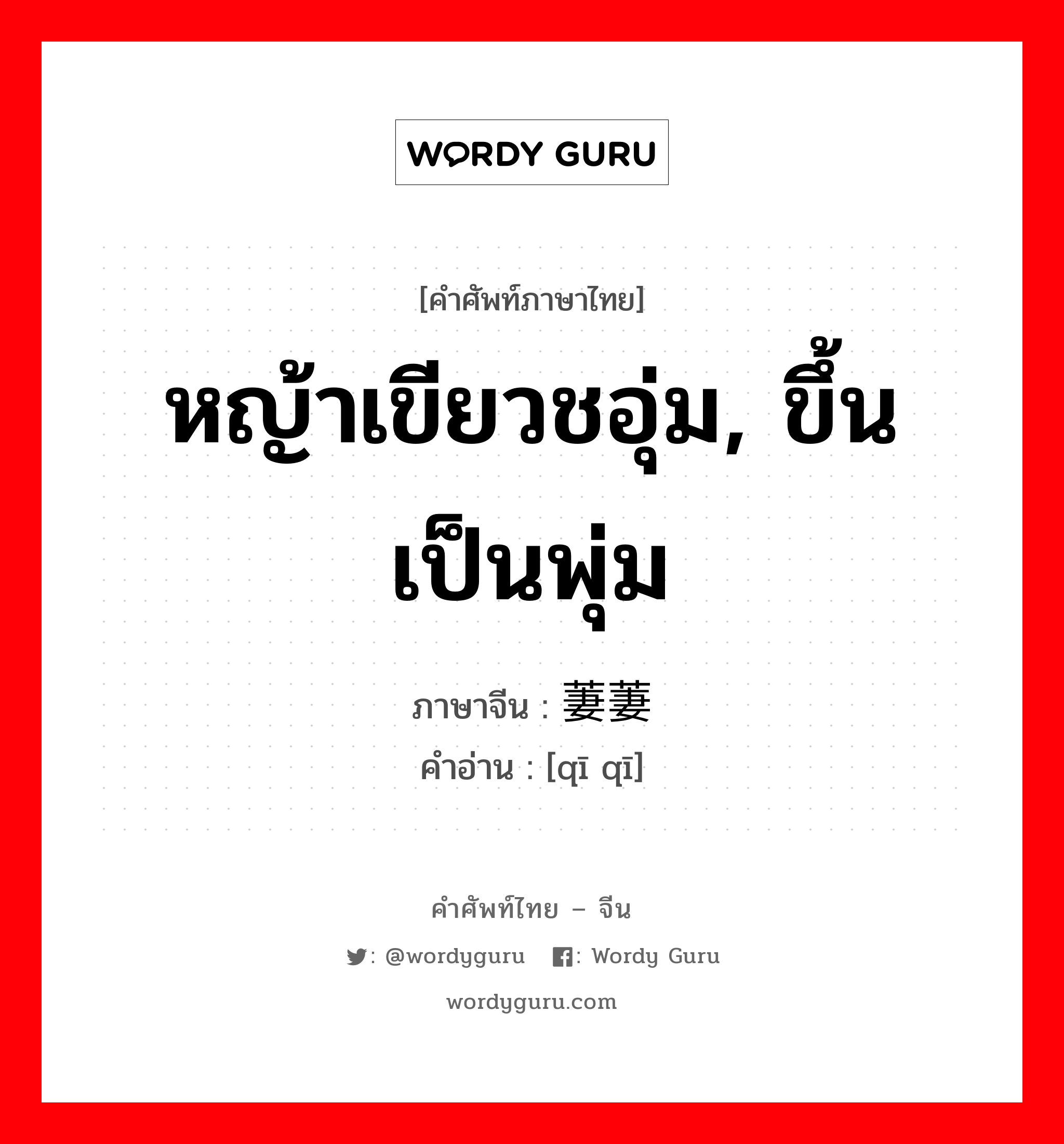 หญ้าเขียวชอุ่ม, ขึ้นเป็นพุ่ม ภาษาจีนคืออะไร, คำศัพท์ภาษาไทย - จีน หญ้าเขียวชอุ่ม, ขึ้นเป็นพุ่ม ภาษาจีน 萋萋 คำอ่าน [qī qī]