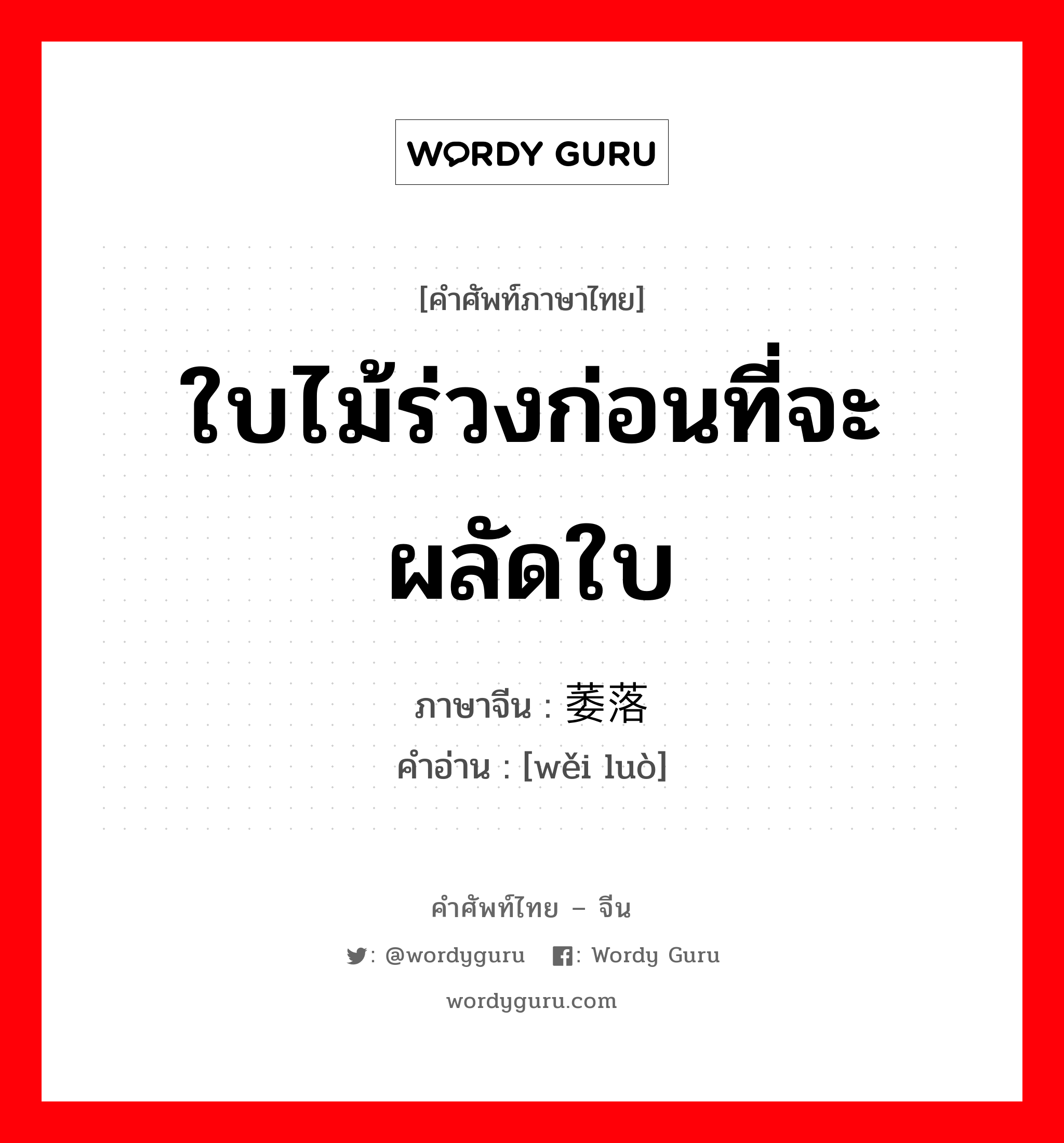 ใบไม้ร่วงก่อนที่จะผลัดใบ ภาษาจีนคืออะไร, คำศัพท์ภาษาไทย - จีน ใบไม้ร่วงก่อนที่จะผลัดใบ ภาษาจีน 萎落 คำอ่าน [wěi luò]