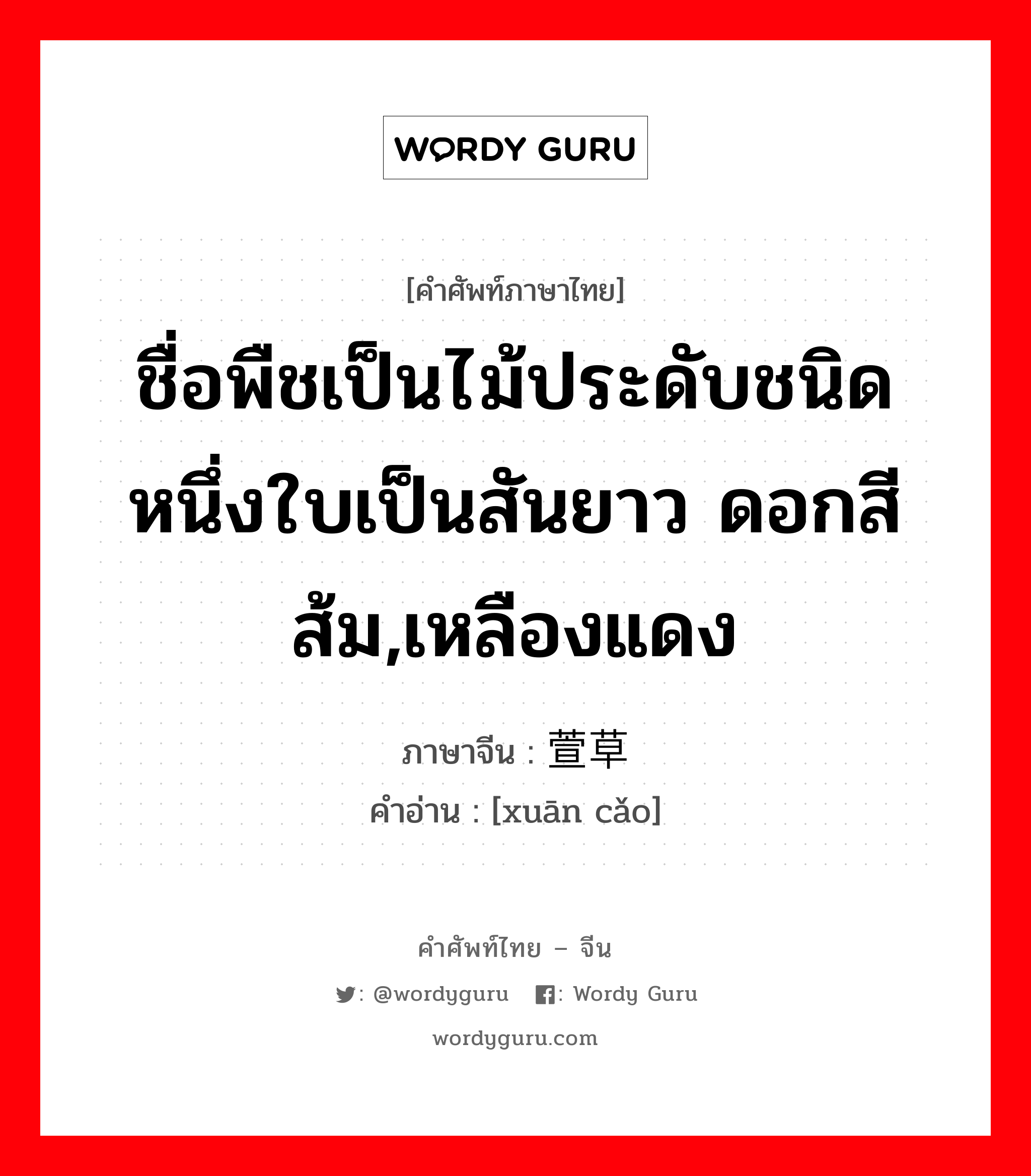 ชื่อพืชเป็นไม้ประดับชนิดหนึ่งใบเป็นสันยาว ดอกสีส้ม,เหลืองแดง ภาษาจีนคืออะไร, คำศัพท์ภาษาไทย - จีน ชื่อพืชเป็นไม้ประดับชนิดหนึ่งใบเป็นสันยาว ดอกสีส้ม,เหลืองแดง ภาษาจีน 萱草 คำอ่าน [xuān cǎo]