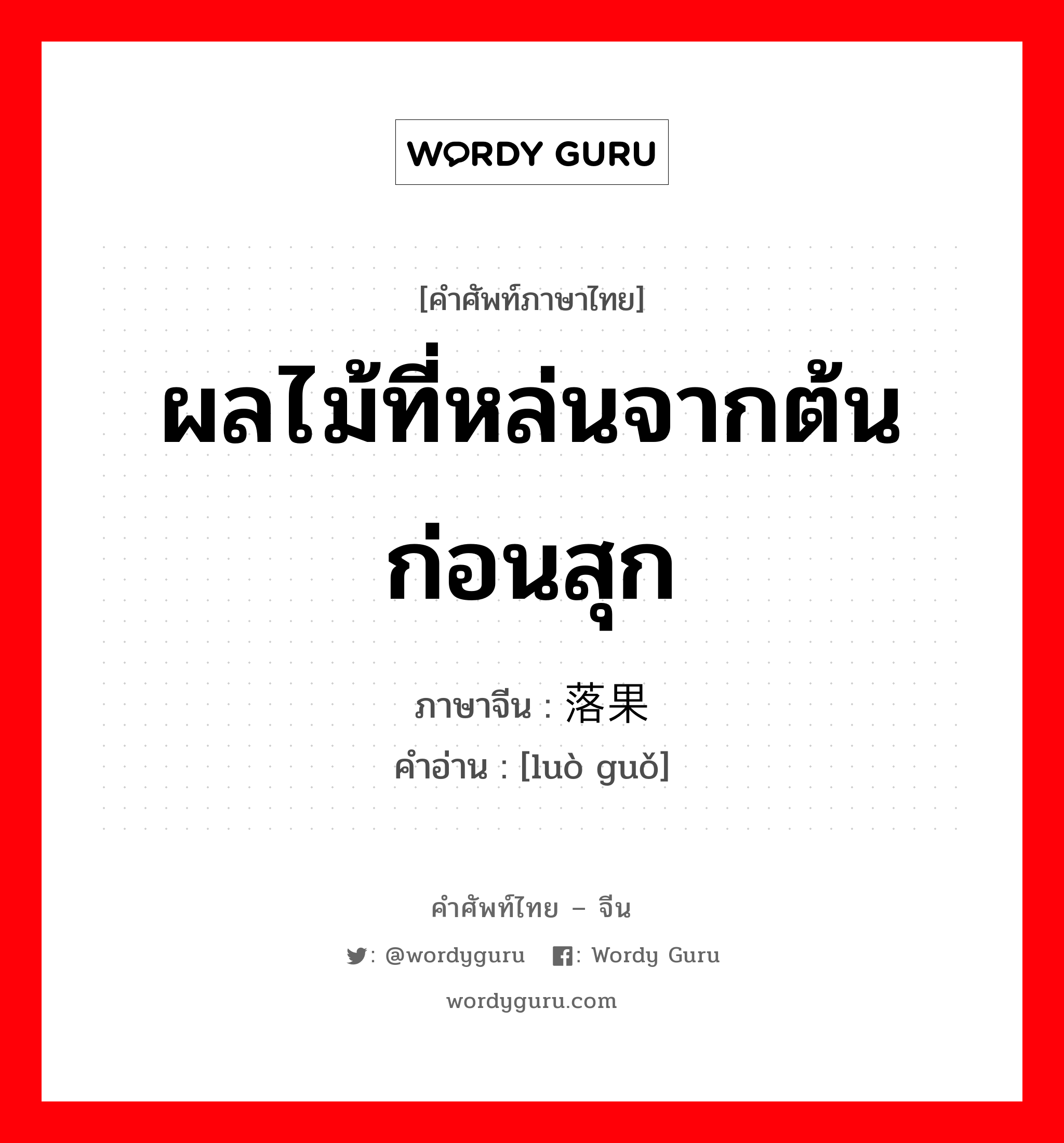 ผลไม้ที่หล่นจากต้นก่อนสุก ภาษาจีนคืออะไร, คำศัพท์ภาษาไทย - จีน ผลไม้ที่หล่นจากต้นก่อนสุก ภาษาจีน 落果 คำอ่าน [luò guǒ]