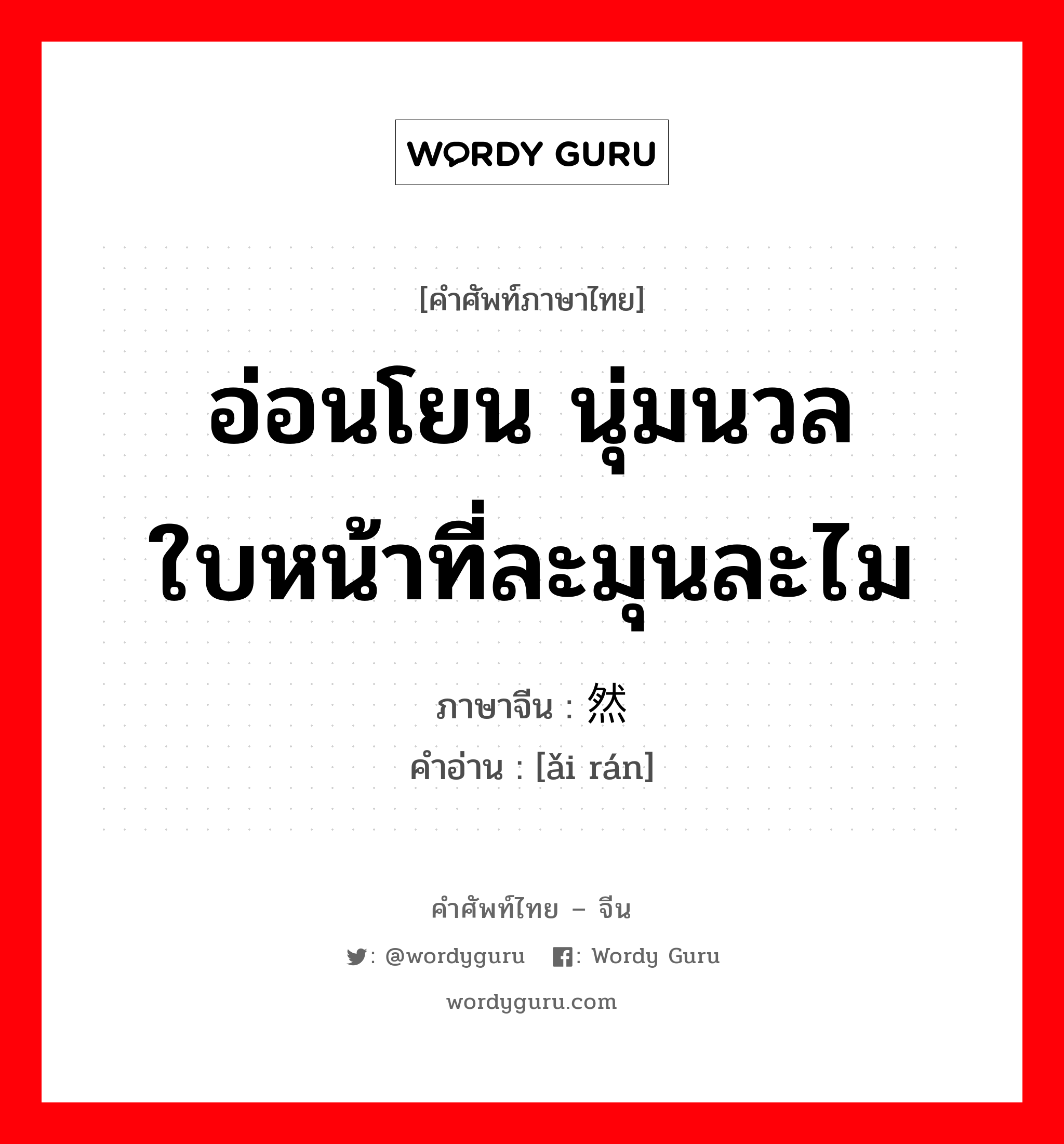 อ่อนโยน นุ่มนวล ใบหน้าที่ละมุนละไม ภาษาจีนคืออะไร, คำศัพท์ภาษาไทย - จีน อ่อนโยน นุ่มนวล ใบหน้าที่ละมุนละไม ภาษาจีน 蔼然 คำอ่าน [ǎi rán]