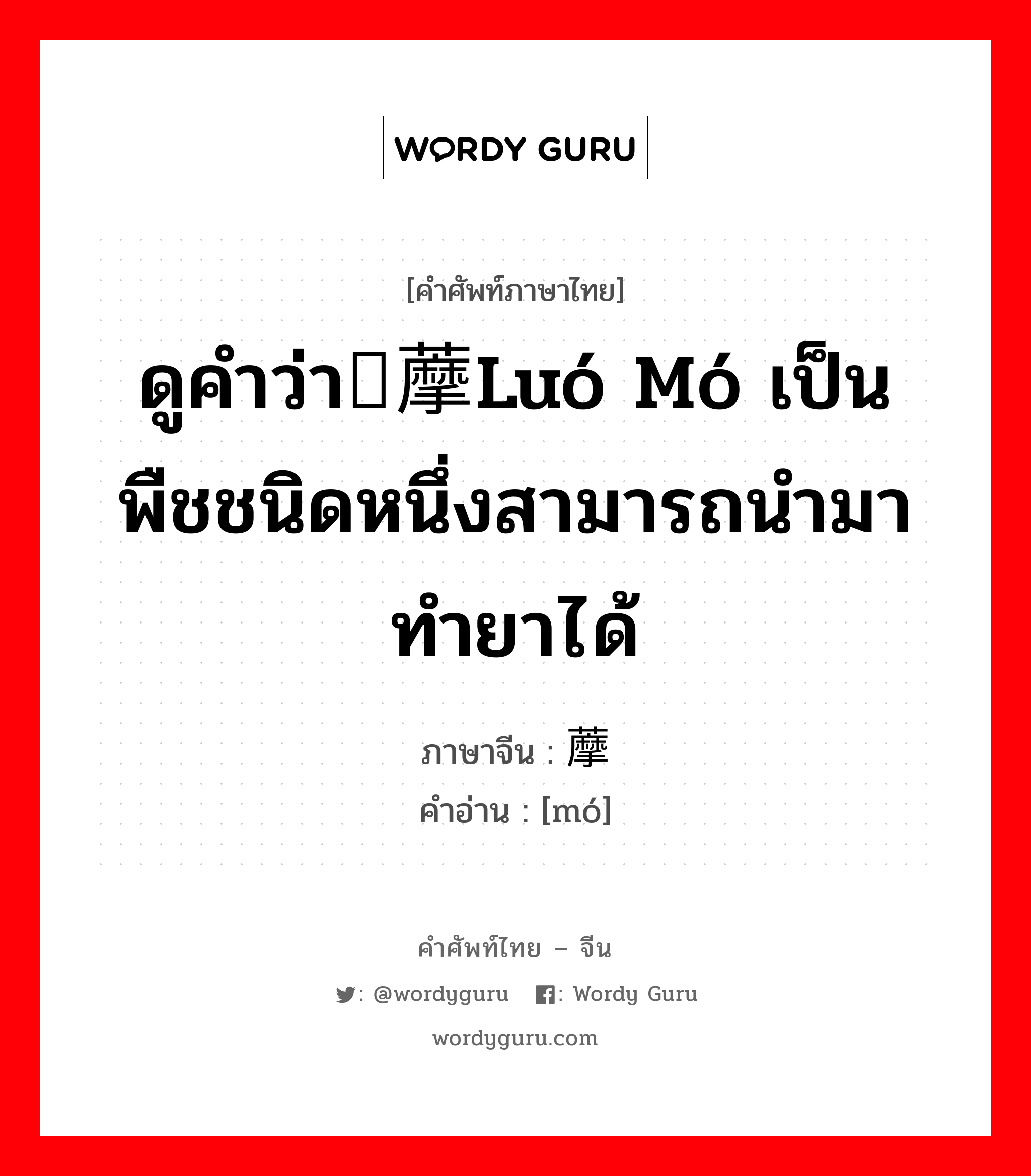 ดูคำว่า萝藦luó mó เป็นพืชชนิดหนึ่งสามารถนำมาทำยาได้ ภาษาจีนคืออะไร, คำศัพท์ภาษาไทย - จีน ดูคำว่า萝藦luó mó เป็นพืชชนิดหนึ่งสามารถนำมาทำยาได้ ภาษาจีน 藦 คำอ่าน [mó]