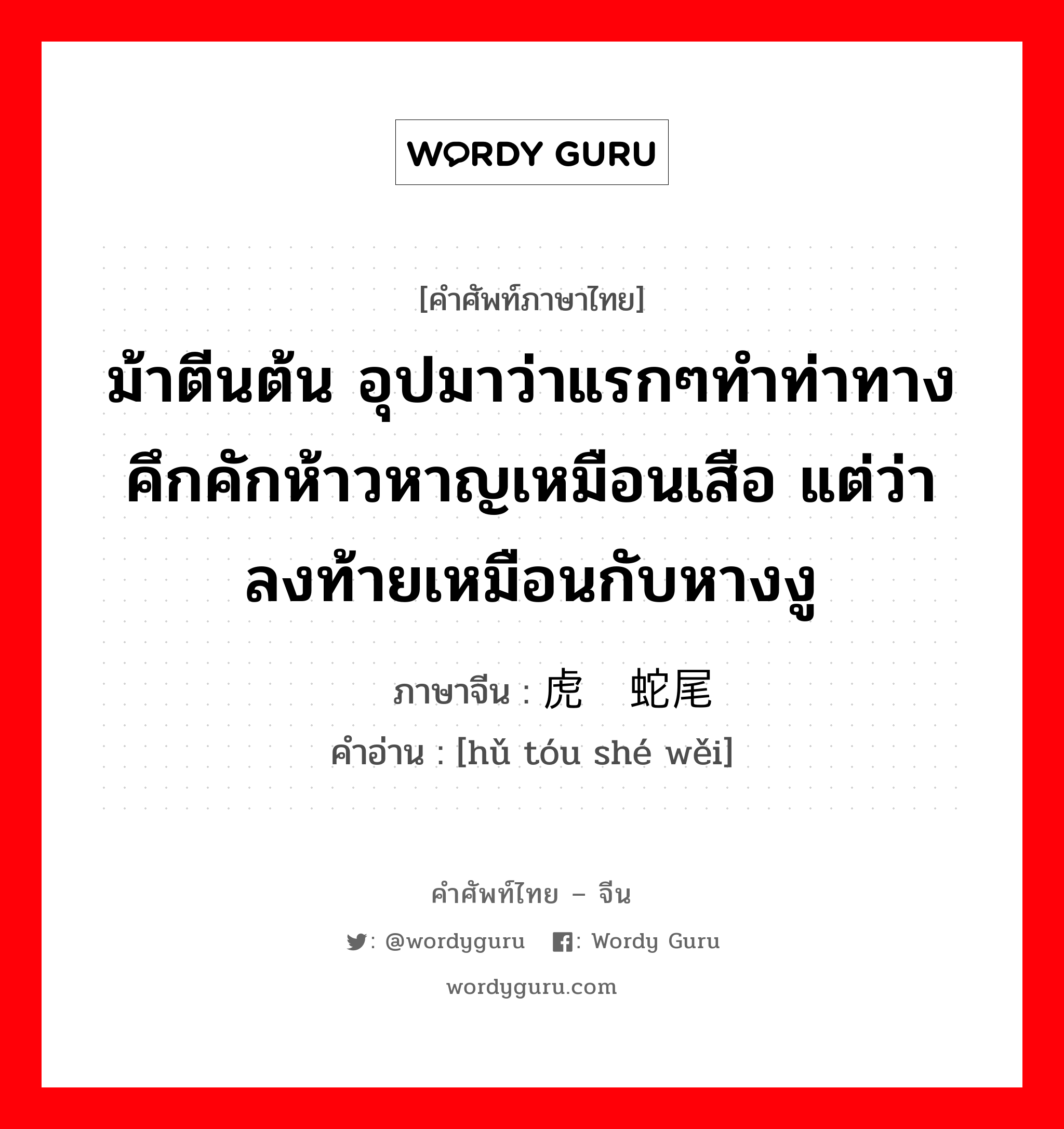 ม้าตีนต้น ภาษาจีนคืออะไร, คำศัพท์ภาษาไทย - จีน ม้าตีนต้น อุปมาว่าแรกๆทำท่าทางคึกคักห้าวหาญเหมือนเสือ แต่ว่าลงท้ายเหมือนกับหางงู ภาษาจีน 虎头蛇尾 คำอ่าน [hǔ tóu shé wěi]