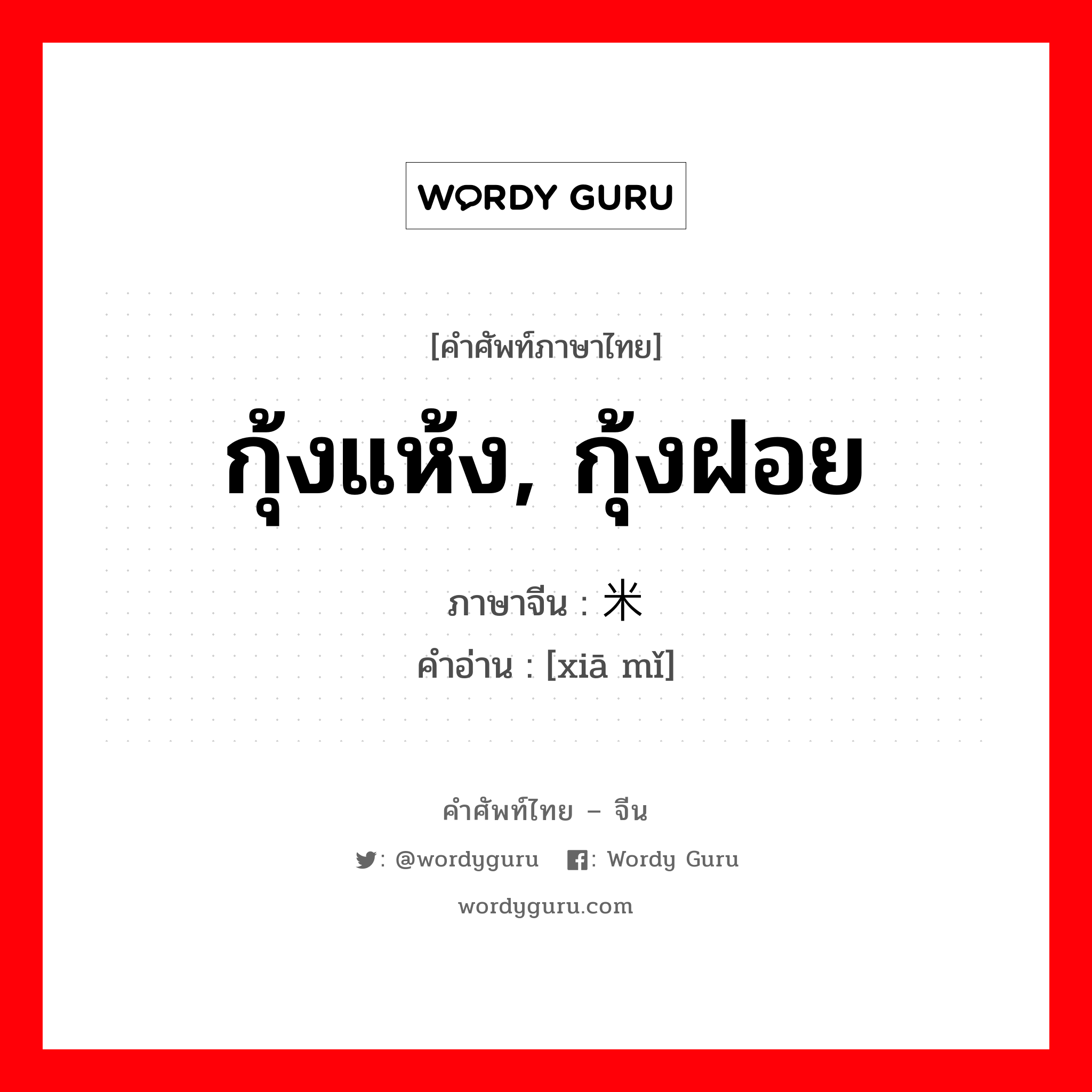 กุ้งแห้ง, กุ้งฝอย ภาษาจีนคืออะไร, คำศัพท์ภาษาไทย - จีน กุ้งแห้ง, กุ้งฝอย ภาษาจีน 虾米 คำอ่าน [xiā mǐ]