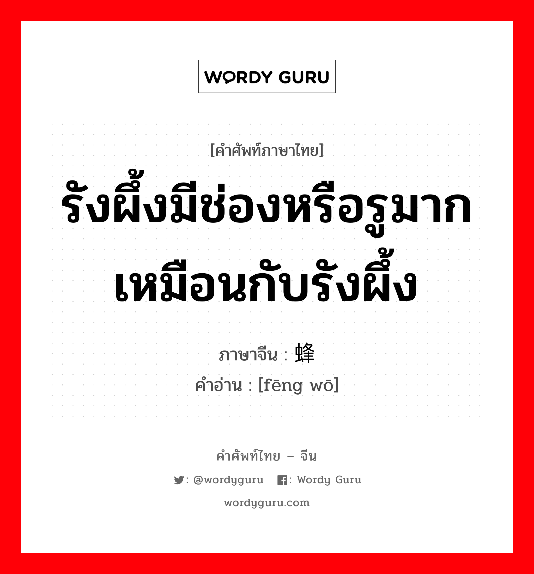 รังผึ้งมีช่องหรือรูมากเหมือนกับรังผึ้ง ภาษาจีนคืออะไร, คำศัพท์ภาษาไทย - จีน รังผึ้งมีช่องหรือรูมากเหมือนกับรังผึ้ง ภาษาจีน 蜂窝 คำอ่าน [fēng wō]