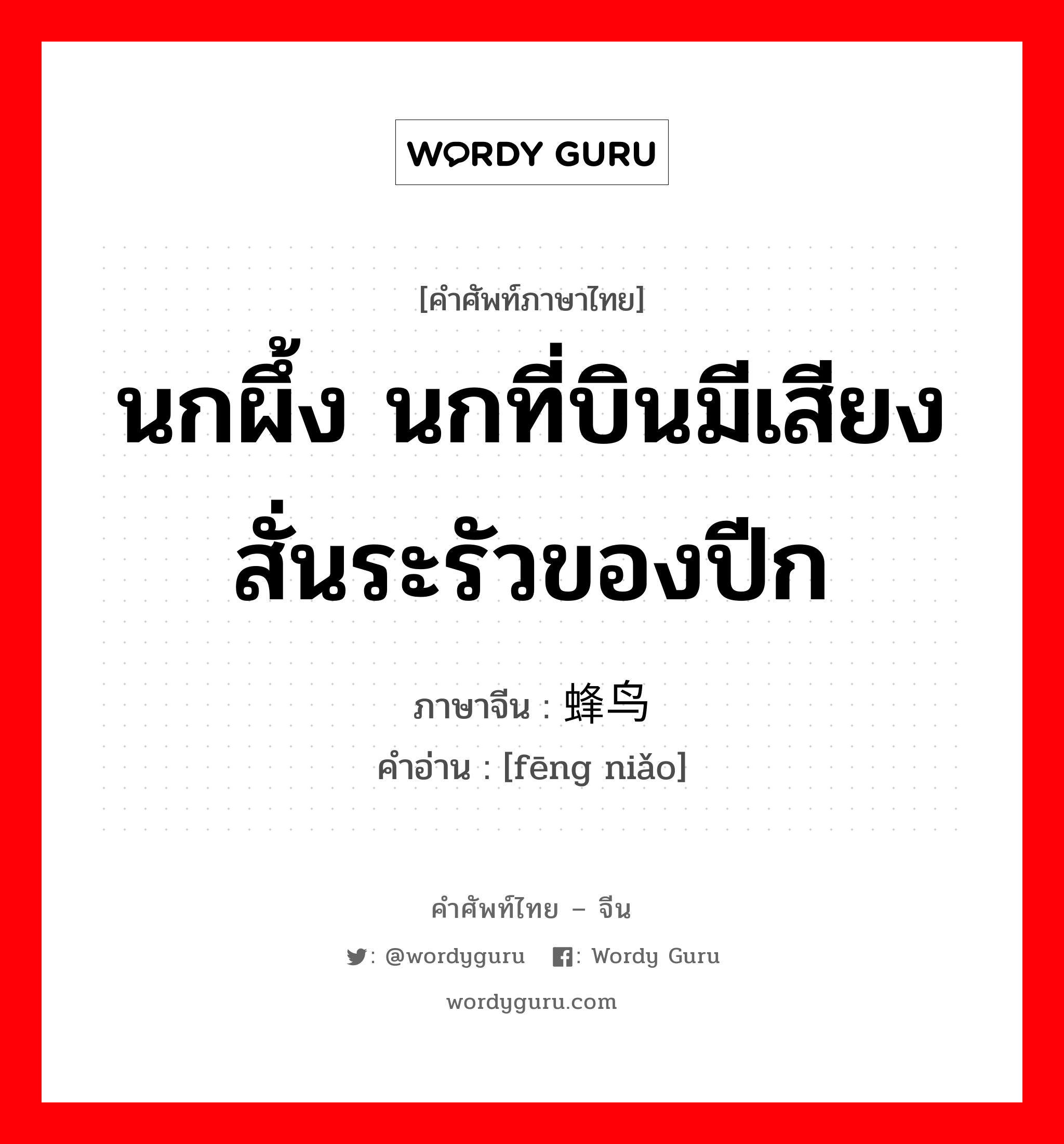 นกผึ้ง นกที่บินมีเสียงสั่นระรัวของปีก ภาษาจีนคืออะไร, คำศัพท์ภาษาไทย - จีน นกผึ้ง นกที่บินมีเสียงสั่นระรัวของปีก ภาษาจีน 蜂鸟 คำอ่าน [fēng niǎo]