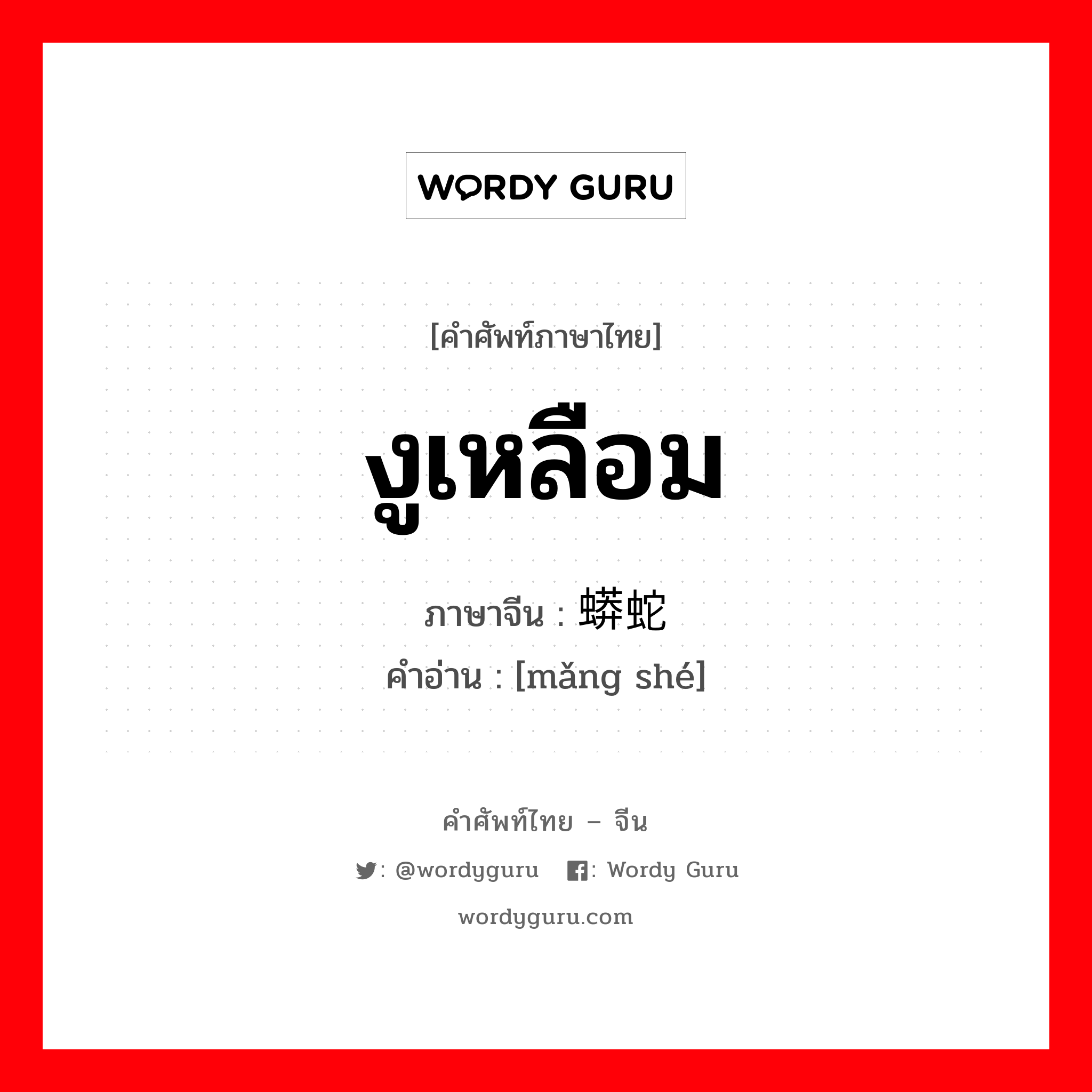 งูเหลือม ภาษาจีนคืออะไร, คำศัพท์ภาษาไทย - จีน งูเหลือม ภาษาจีน 蟒蛇 คำอ่าน [mǎng shé]