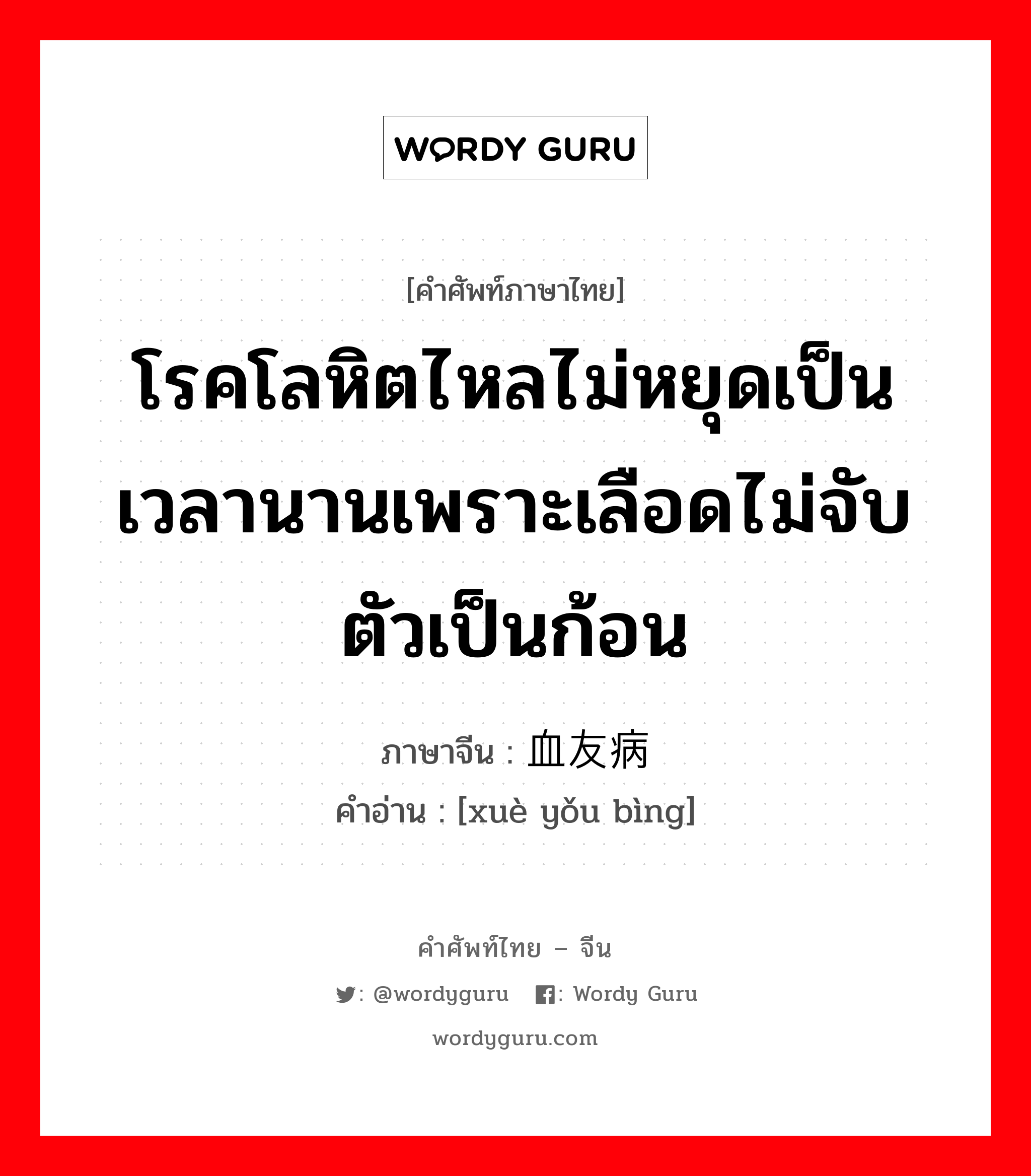 โรคโลหิตไหลไม่หยุดเป็นเวลานานเพราะเลือดไม่จับตัวเป็นก้อน ภาษาจีนคืออะไร, คำศัพท์ภาษาไทย - จีน โรคโลหิตไหลไม่หยุดเป็นเวลานานเพราะเลือดไม่จับตัวเป็นก้อน ภาษาจีน 血友病 คำอ่าน [xuè yǒu bìng]