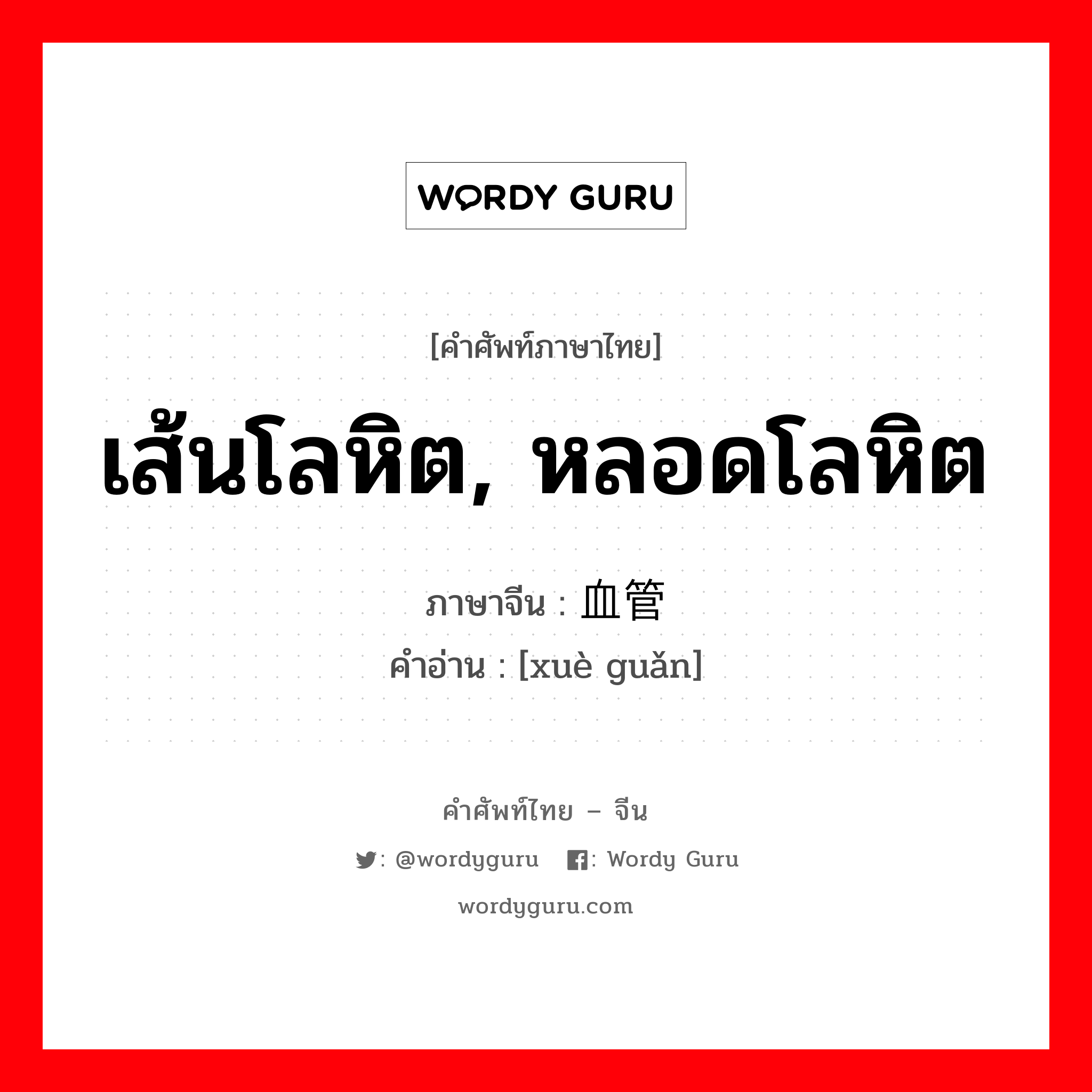 เส้นโลหิต, หลอดโลหิต ภาษาจีนคืออะไร, คำศัพท์ภาษาไทย - จีน เส้นโลหิต, หลอดโลหิต ภาษาจีน 血管 คำอ่าน [xuè guǎn]