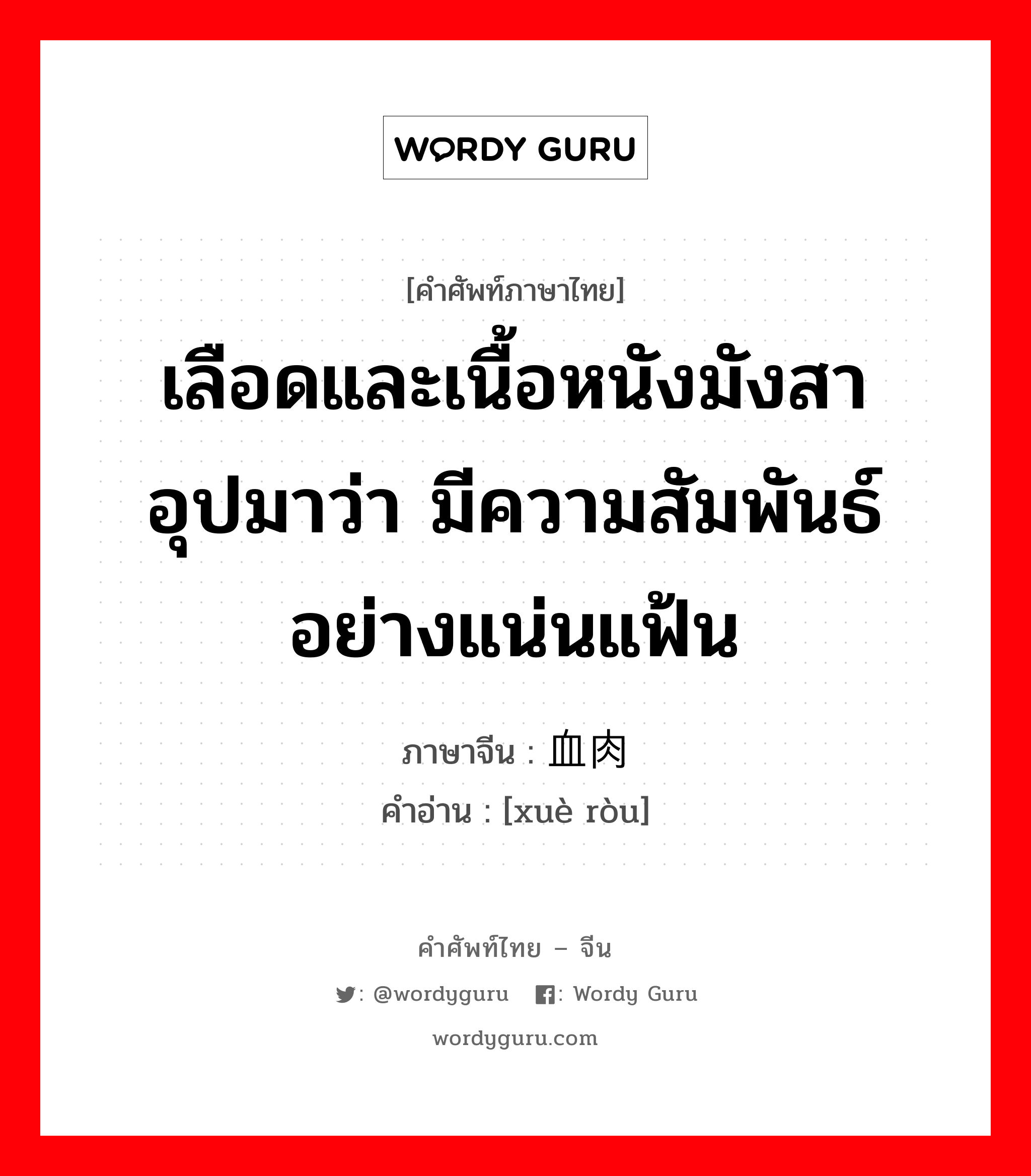 เลือดและเนื้อหนังมังสาอุปมาว่า มีความสัมพันธ์อย่างแน่นแฟ้น ภาษาจีนคืออะไร, คำศัพท์ภาษาไทย - จีน เลือดและเนื้อหนังมังสาอุปมาว่า มีความสัมพันธ์อย่างแน่นแฟ้น ภาษาจีน 血肉 คำอ่าน [xuè ròu]