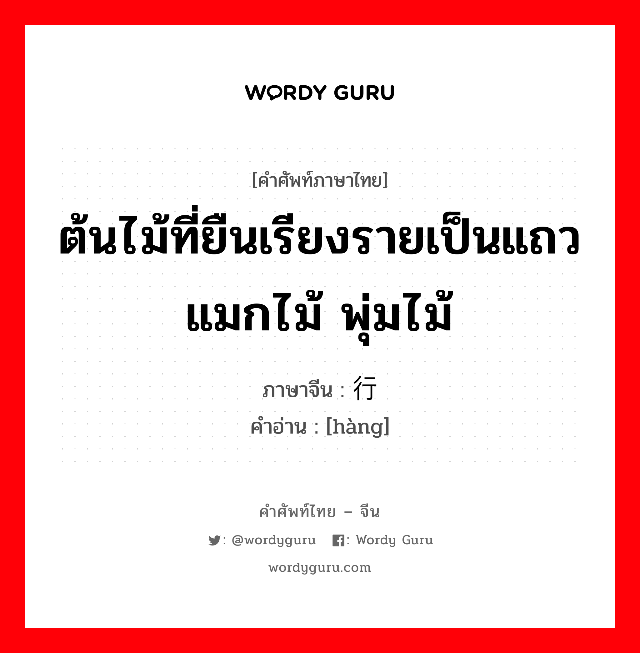 ต้นไม้ที่ยืนเรียงรายเป็นแถวแมกไม้ พุ่มไม้ ภาษาจีนคืออะไร, คำศัพท์ภาษาไทย - จีน ต้นไม้ที่ยืนเรียงรายเป็นแถวแมกไม้ พุ่มไม้ ภาษาจีน 行 คำอ่าน [hàng]