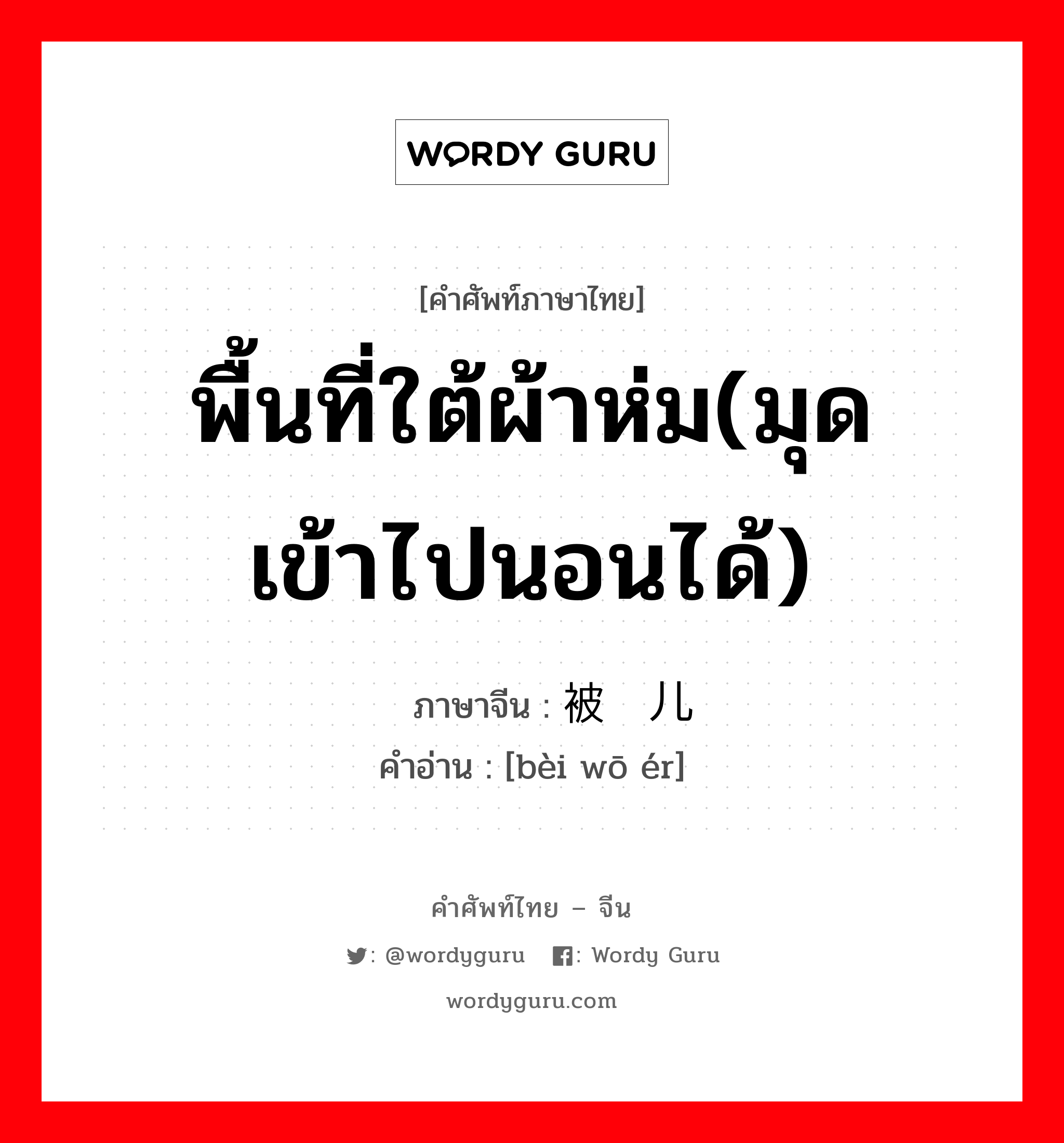 พื้นที่ใต้ผ้าห่ม(มุดเข้าไปนอนได้) ภาษาจีนคืออะไร, คำศัพท์ภาษาไทย - จีน พื้นที่ใต้ผ้าห่ม(มุดเข้าไปนอนได้) ภาษาจีน 被窝儿 คำอ่าน [bèi wō ér]