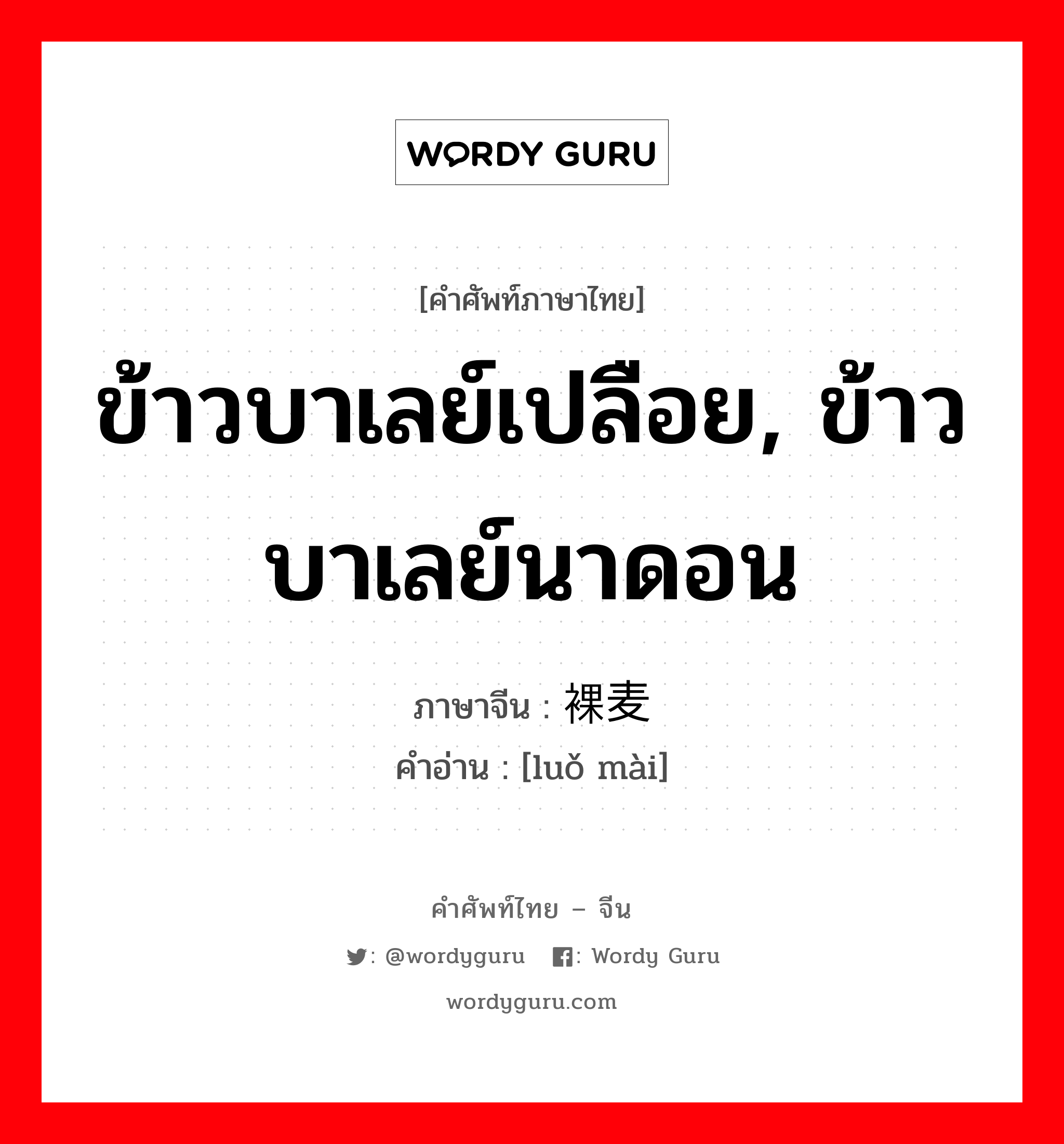 ข้าวบาเลย์เปลือย, ข้าวบาเลย์นาดอน ภาษาจีนคืออะไร, คำศัพท์ภาษาไทย - จีน ข้าวบาเลย์เปลือย, ข้าวบาเลย์นาดอน ภาษาจีน 裸麦 คำอ่าน [luǒ mài]