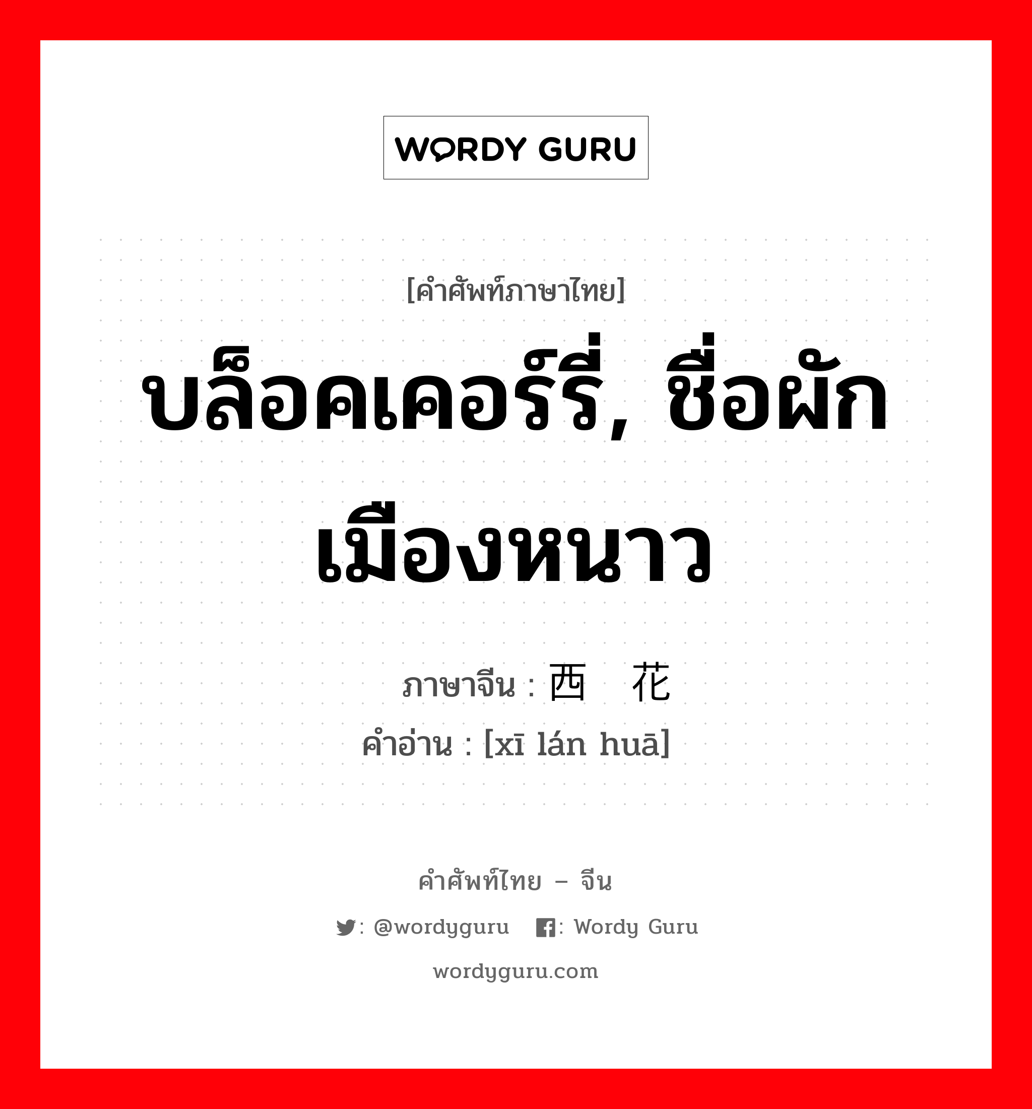 บล็อคเคอร์รี่, ชื่อผักเมืองหนาว ภาษาจีนคืออะไร, คำศัพท์ภาษาไทย - จีน บล็อคเคอร์รี่, ชื่อผักเมืองหนาว ภาษาจีน 西蓝花 คำอ่าน [xī lán huā]