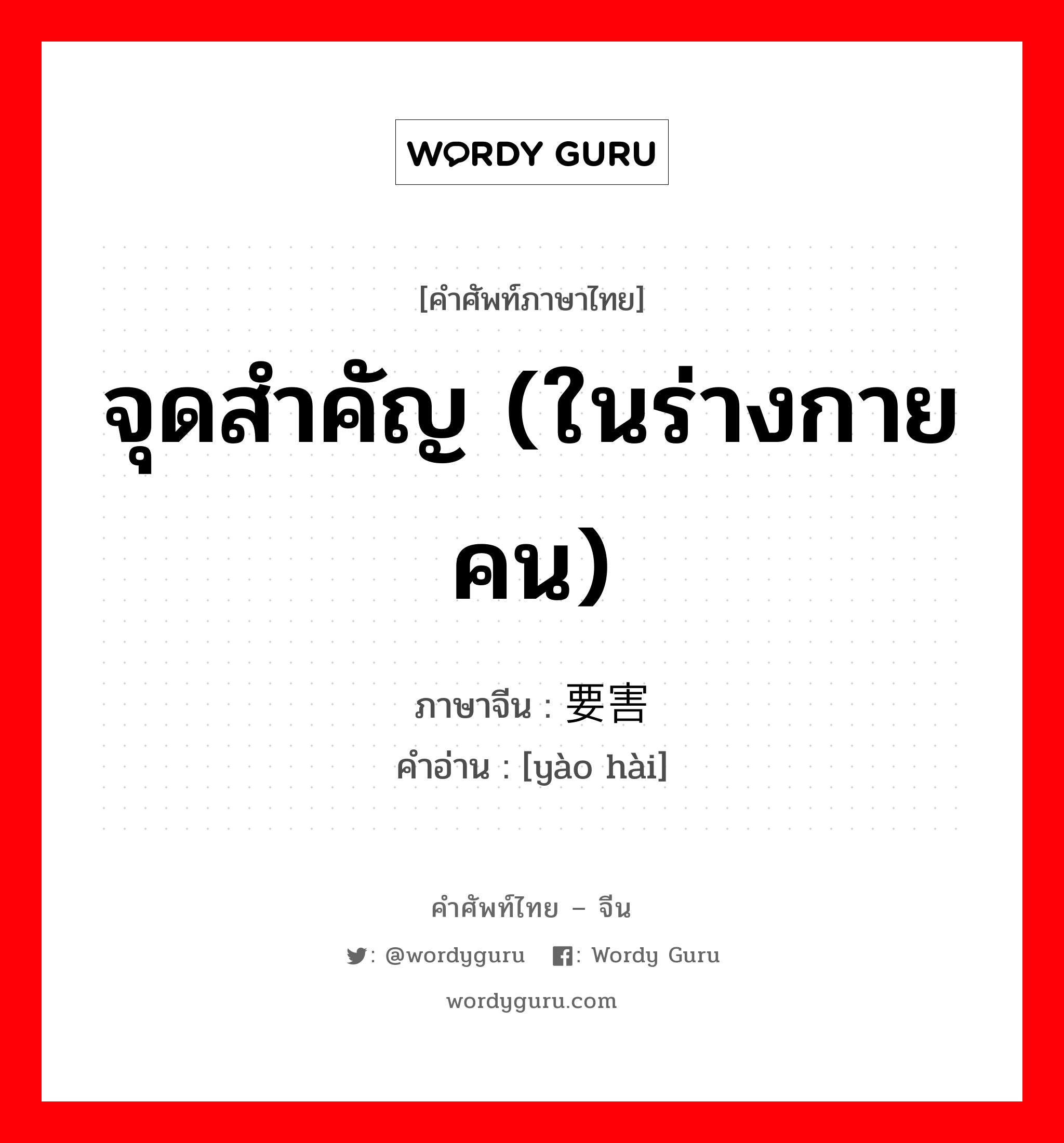 จุดสำคัญ (ในร่างกายคน) ภาษาจีนคืออะไร, คำศัพท์ภาษาไทย - จีน จุดสำคัญ (ในร่างกายคน) ภาษาจีน 要害 คำอ่าน [yào hài]