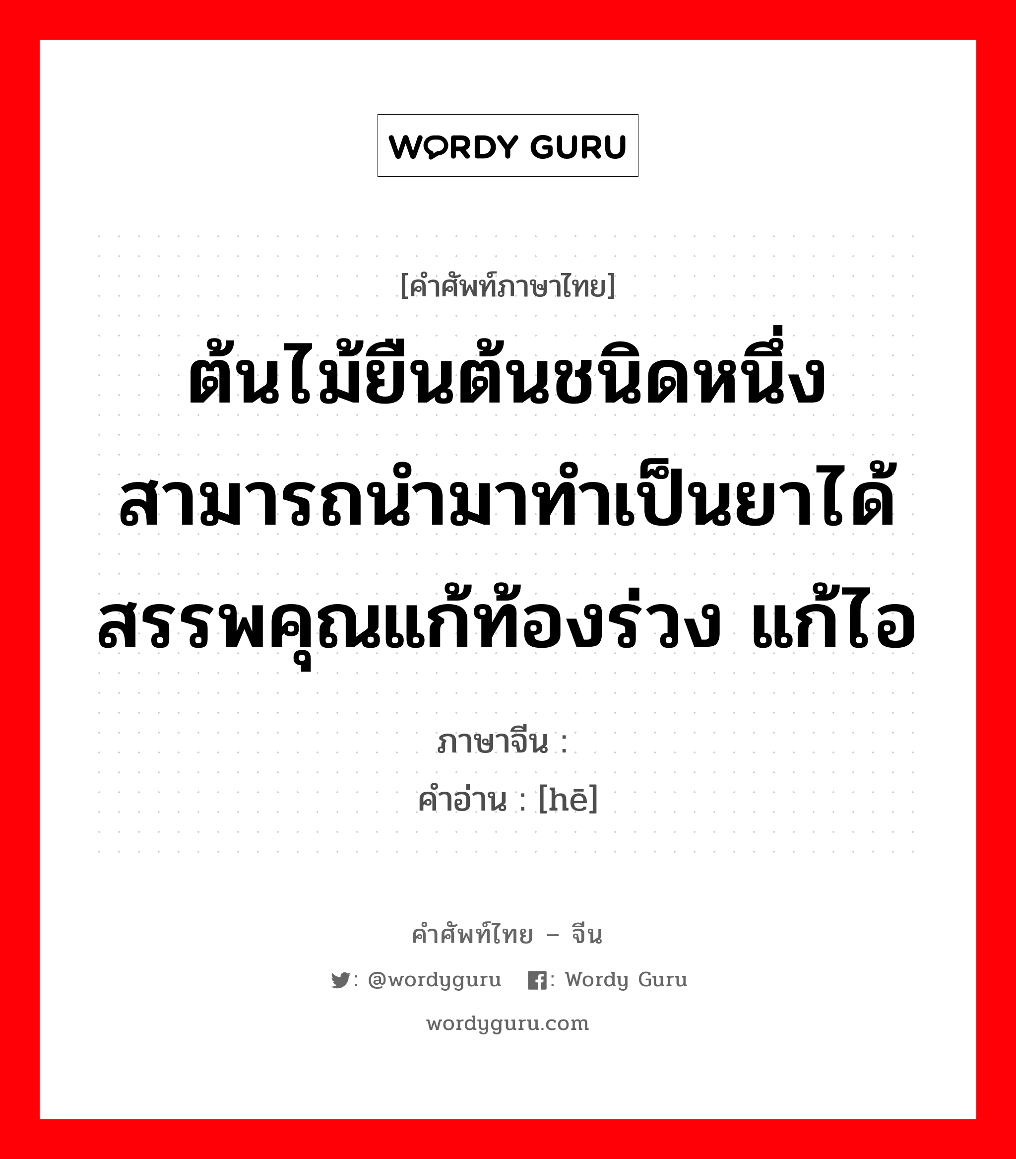 ต้นไม้ยืนต้นชนิดหนึ่ง ภาษาจีนคืออะไร, คำศัพท์ภาษาไทย - จีน ต้นไม้ยืนต้นชนิดหนึ่ง สามารถนำมาทำเป็นยาได้สรรพคุณแก้ท้องร่วง แก้ไอ ภาษาจีน 诃 คำอ่าน [hē]