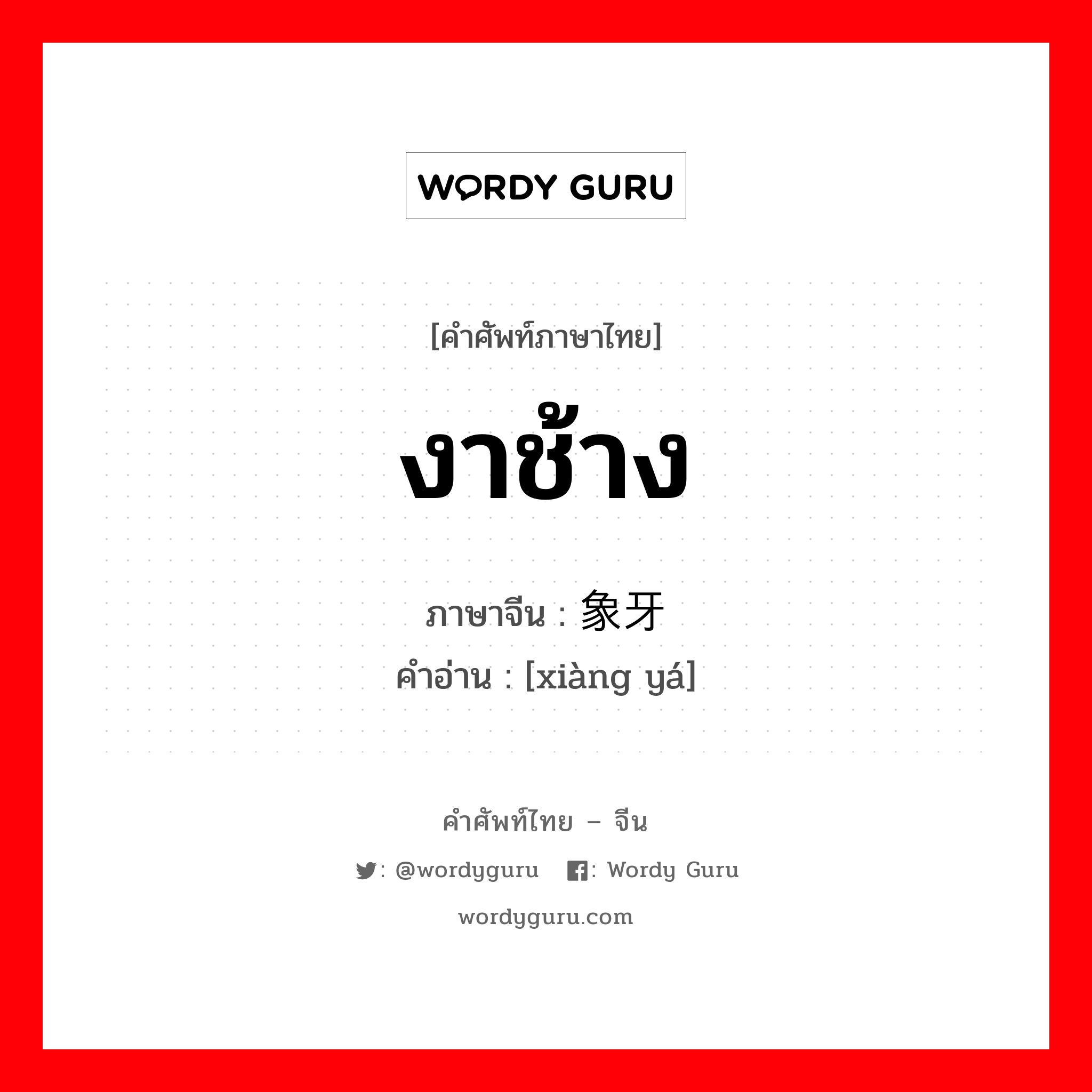 งาช้าง ภาษาจีนคืออะไร, คำศัพท์ภาษาไทย - จีน งาช้าง ภาษาจีน 象牙 คำอ่าน [xiàng yá]