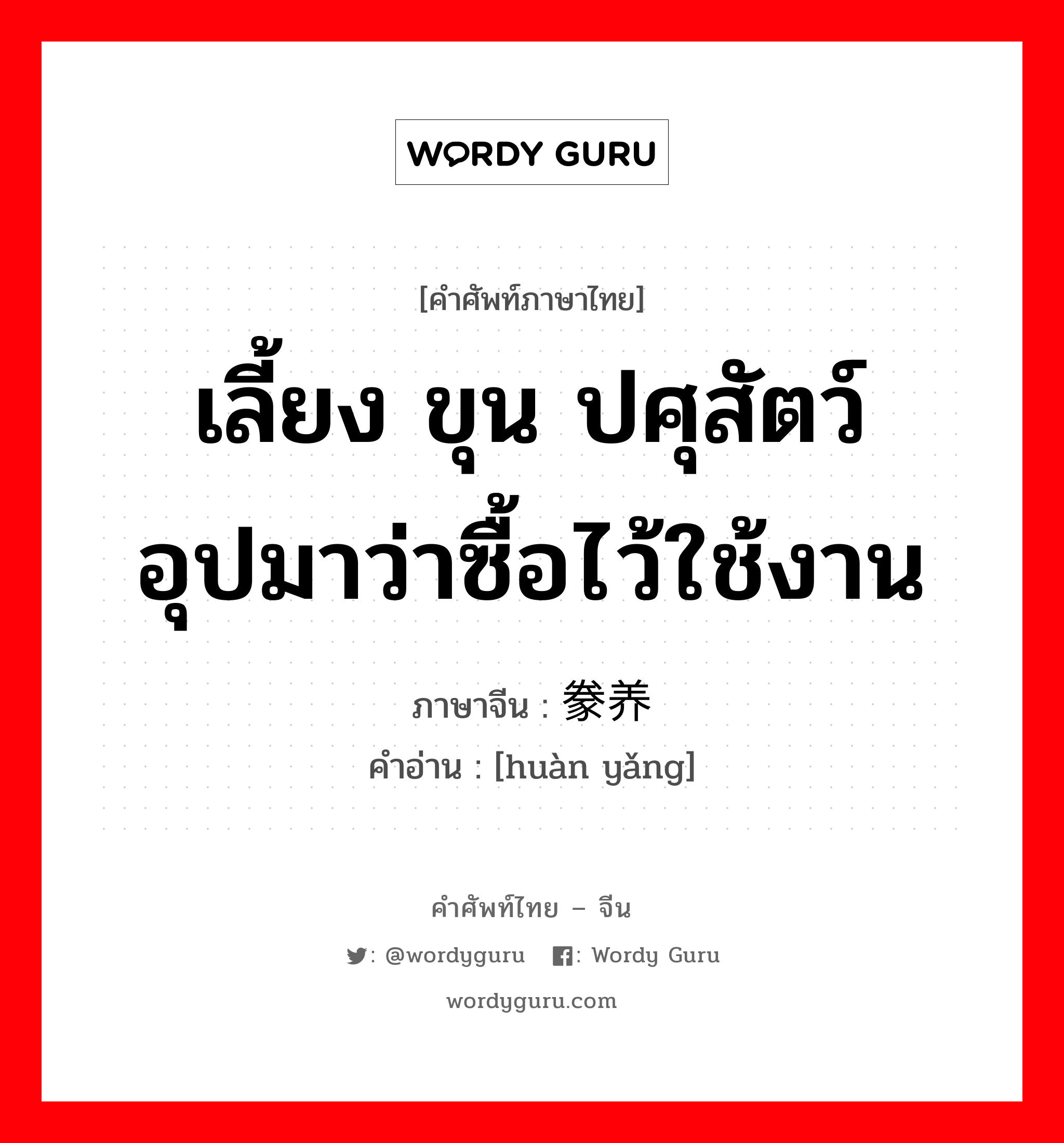 เลี้ยง ขุน ปศุสัตว์ อุปมาว่าซื้อไว้ใช้งาน ภาษาจีนคืออะไร, คำศัพท์ภาษาไทย - จีน เลี้ยง ขุน ปศุสัตว์ อุปมาว่าซื้อไว้ใช้งาน ภาษาจีน 豢养 คำอ่าน [huàn yǎng]