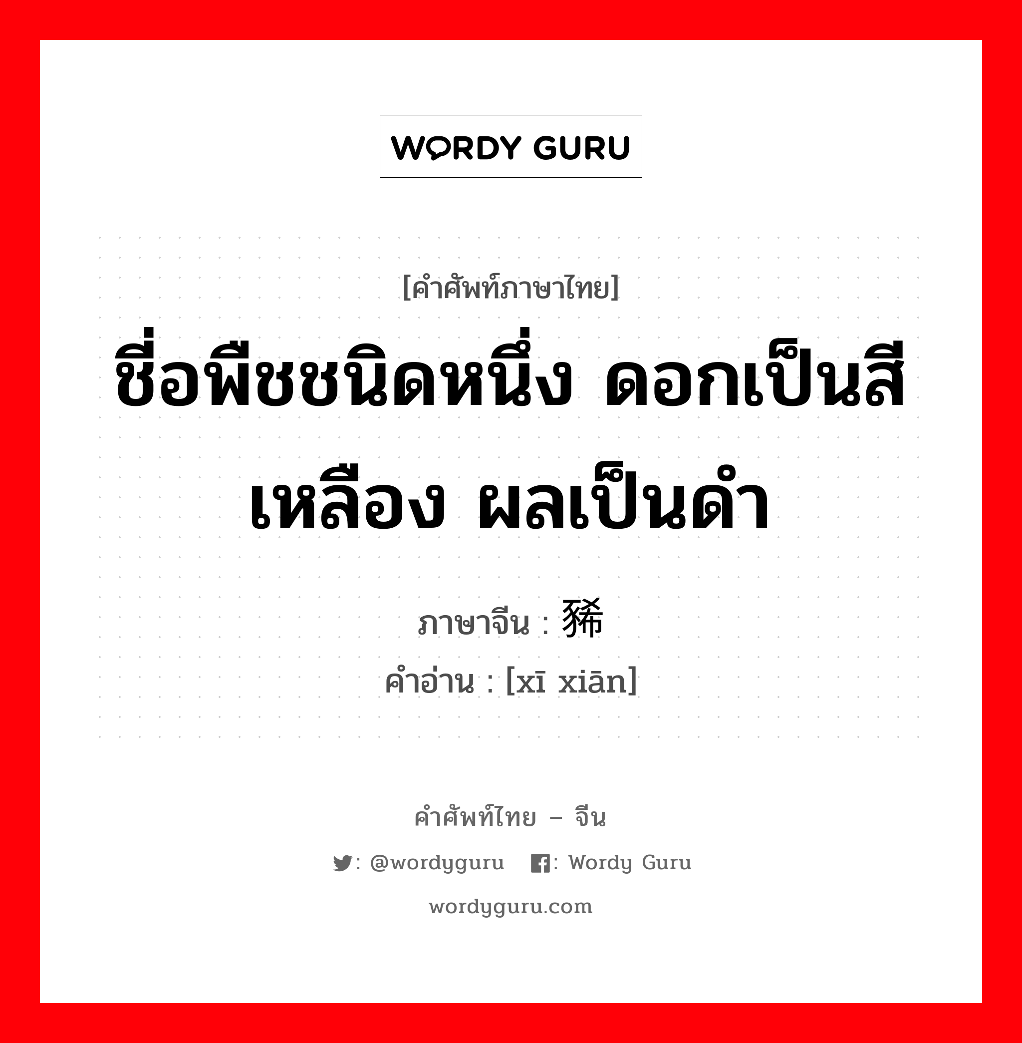 ชี่อพืชชนิดหนึ่ง ดอกเป็นสีเหลือง ผลเป็นดำ ภาษาจีนคืออะไร, คำศัพท์ภาษาไทย - จีน ชี่อพืชชนิดหนึ่ง ดอกเป็นสีเหลือง ผลเป็นดำ ภาษาจีน 豨莶 คำอ่าน [xī xiān]