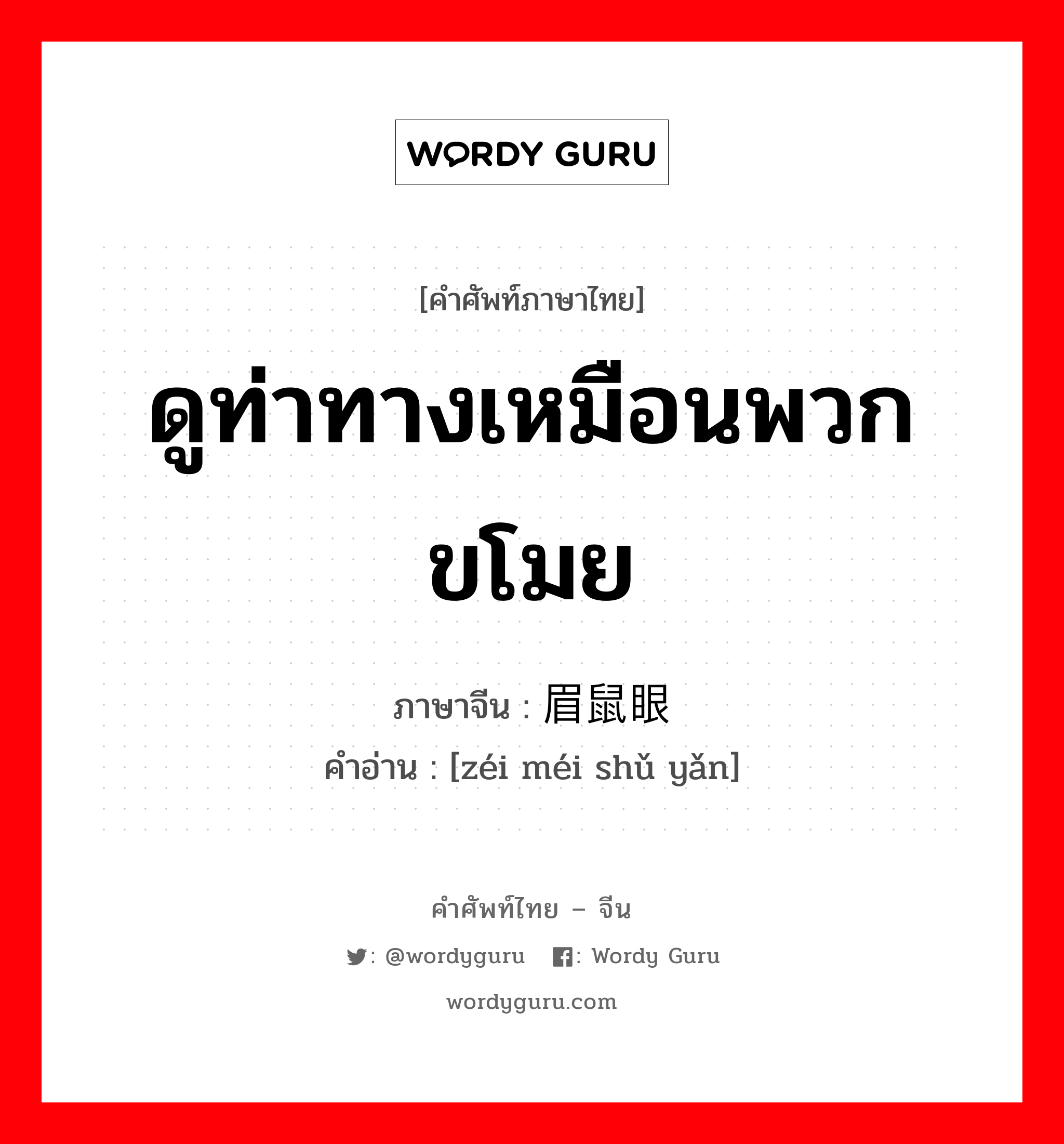 ดูท่าทางเหมือนพวกขโมย ภาษาจีนคืออะไร, คำศัพท์ภาษาไทย - จีน ดูท่าทางเหมือนพวกขโมย ภาษาจีน 贼眉鼠眼 คำอ่าน [zéi méi shǔ yǎn]