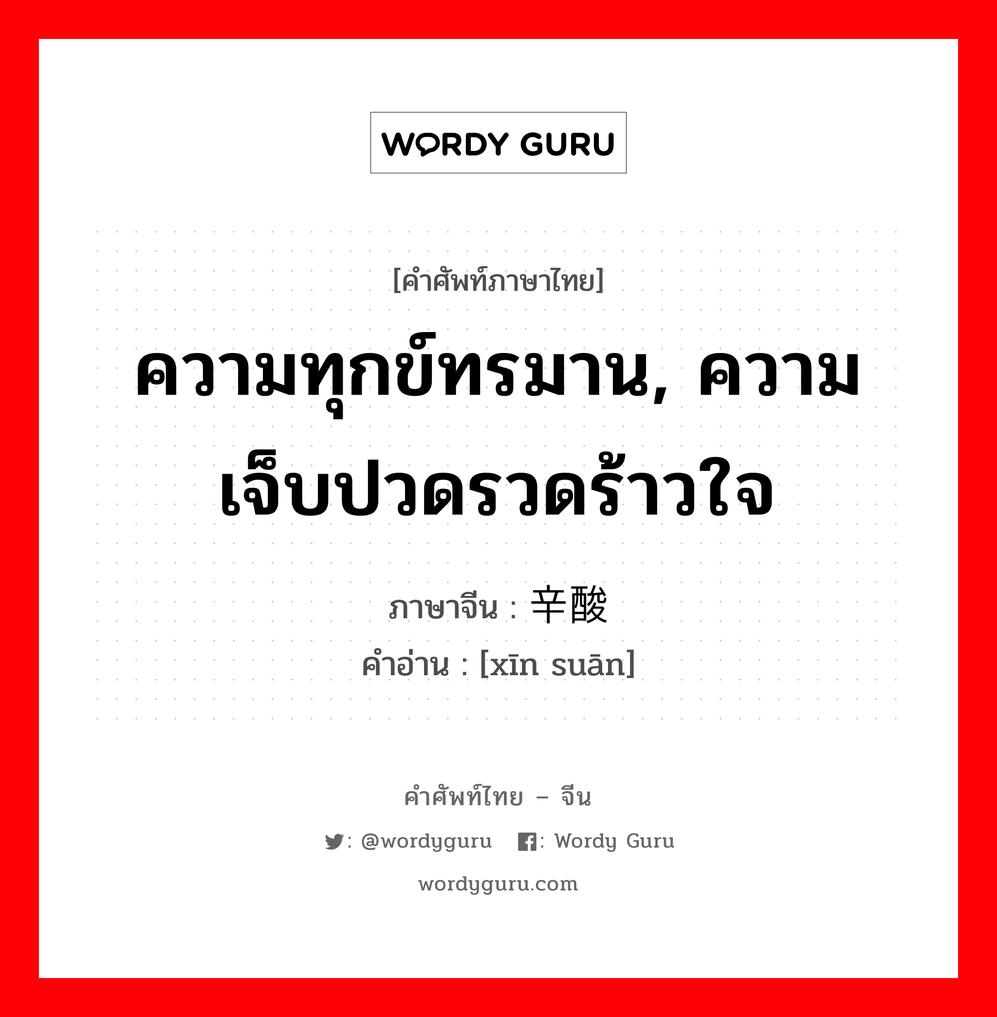 ความทุกข์ทรมาน, ความเจ็บปวดรวดร้าวใจ ภาษาจีนคืออะไร, คำศัพท์ภาษาไทย - จีน ความทุกข์ทรมาน, ความเจ็บปวดรวดร้าวใจ ภาษาจีน 辛酸 คำอ่าน [xīn suān]