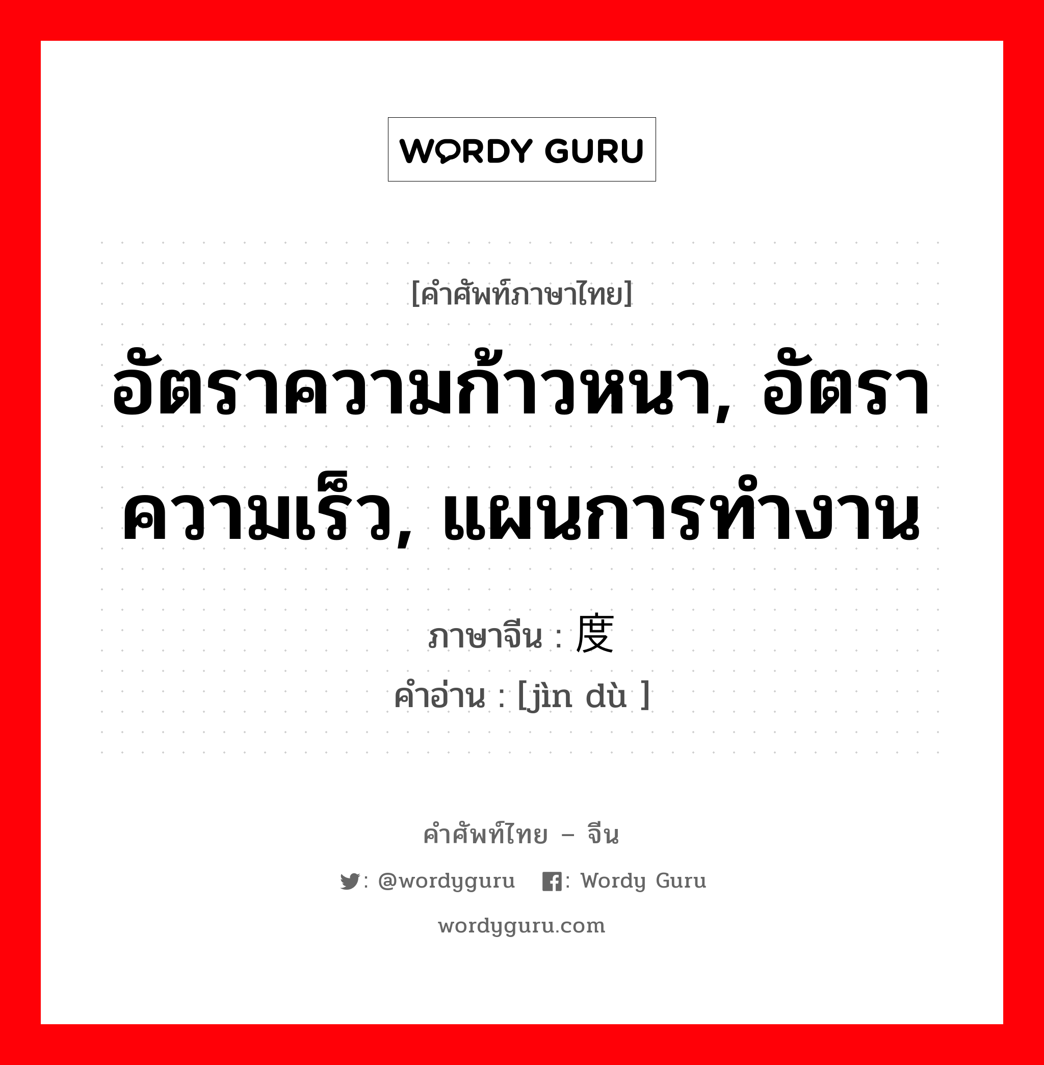 อัตราความก้าวหนา, อัตราความเร็ว, แผนการทำงาน ภาษาจีนคืออะไร, คำศัพท์ภาษาไทย - จีน อัตราความก้าวหนา, อัตราความเร็ว, แผนการทำงาน ภาษาจีน 进度 คำอ่าน [jìn dù ]