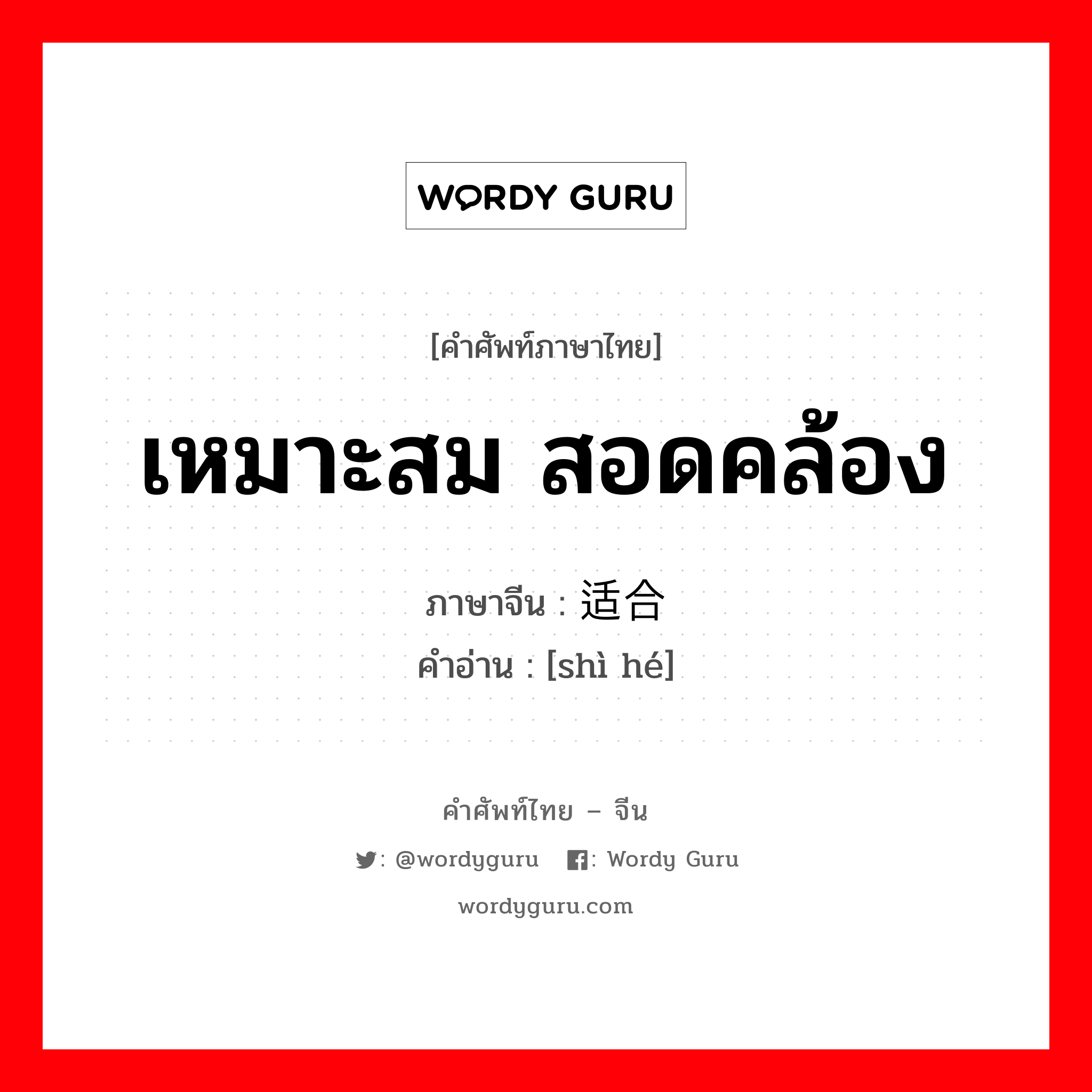 เหมาะสม สอดคล้อง ภาษาจีนคืออะไร, คำศัพท์ภาษาไทย - จีน เหมาะสม สอดคล้อง ภาษาจีน 适合 คำอ่าน [shì hé]