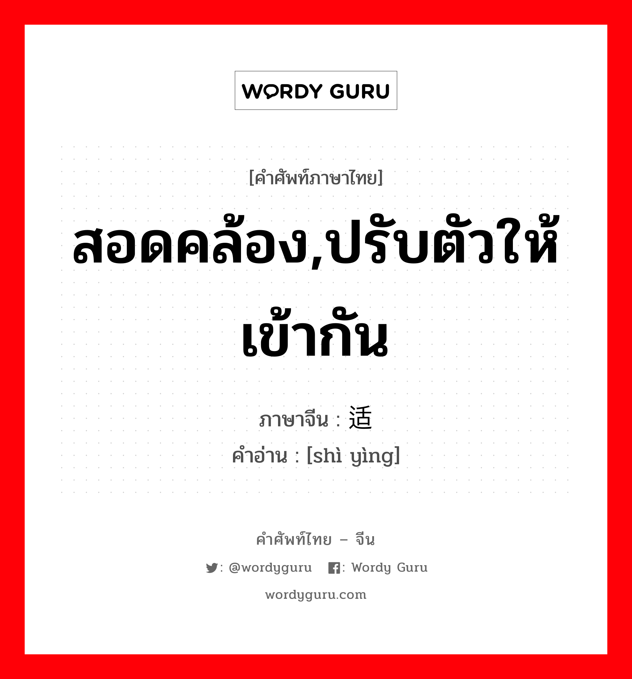 สอดคล้อง,ปรับตัวให้เข้ากัน ภาษาจีนคืออะไร, คำศัพท์ภาษาไทย - จีน สอดคล้อง,ปรับตัวให้เข้ากัน ภาษาจีน 适应 คำอ่าน [shì yìng]