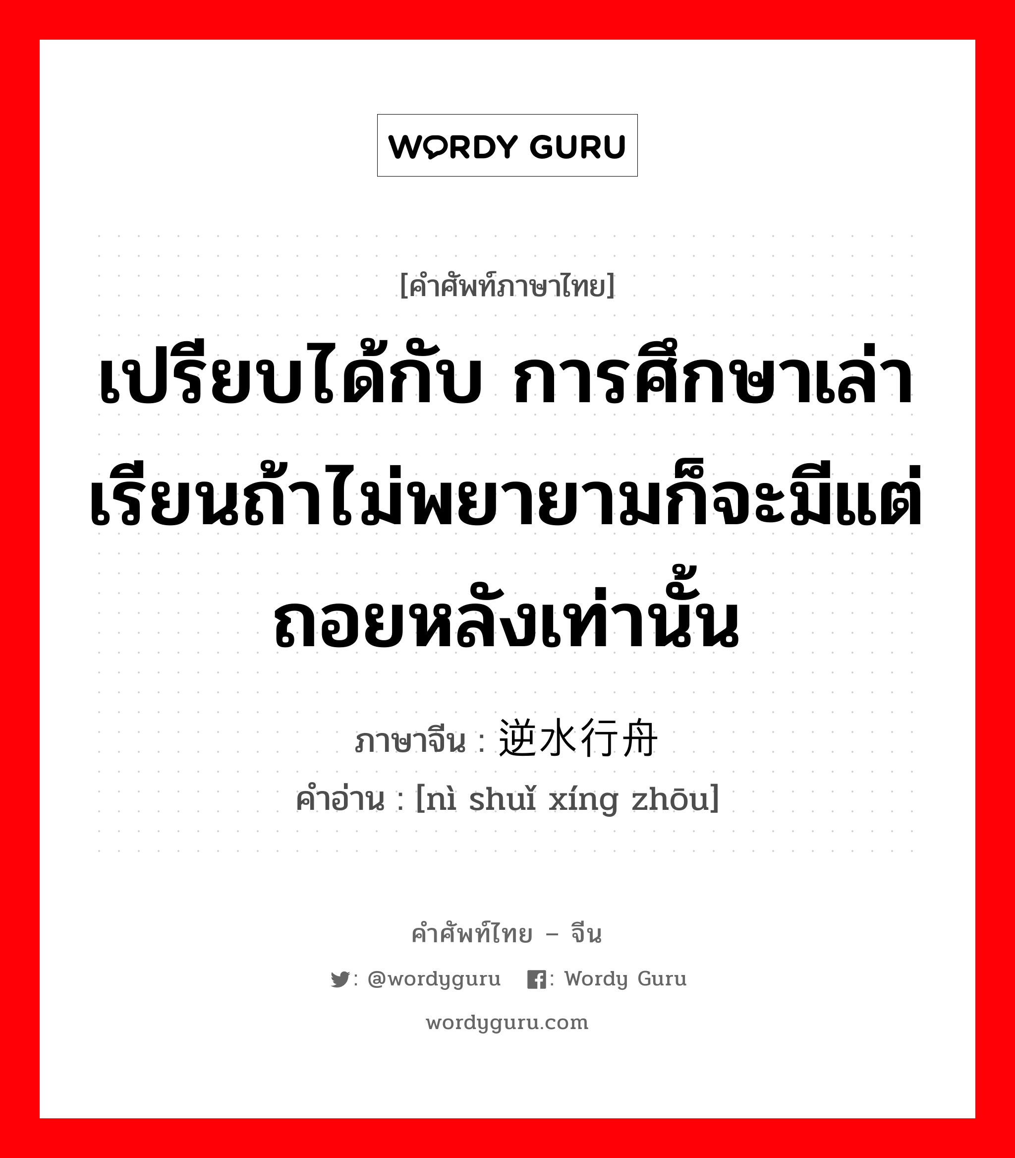 เปรียบได้กับ คนที่ไม่เก่งก็ต้องทำงานขยันและหนักกว่าคนอื่นเพื่อจะได้เก่งเท่าคนอื่น (ใช้ถ่อมตัว) ภาษาจีนคืออะไร, คำศัพท์ภาษาไทย - จีน เปรียบได้กับ การศึกษาเล่าเรียนถ้าไม่พยายามก็จะมีแต่ถอยหลังเท่านั้น ภาษาจีน 逆水行舟 คำอ่าน [nì shuǐ xíng zhōu]